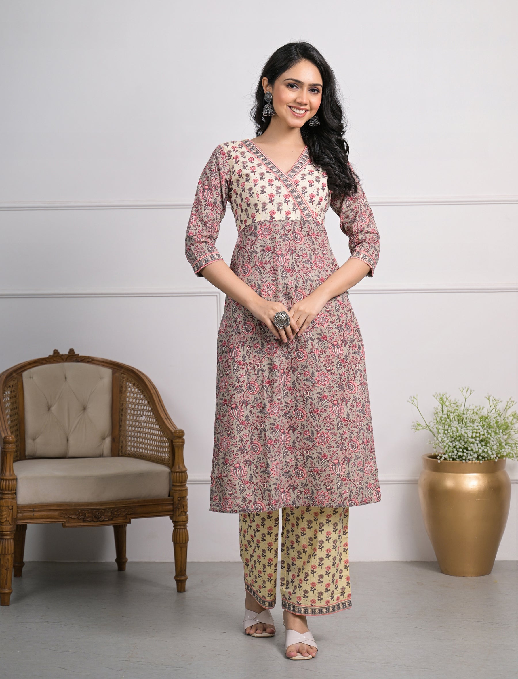 Cream Purple Printed Cotton Block Printed Pant Set Of 2