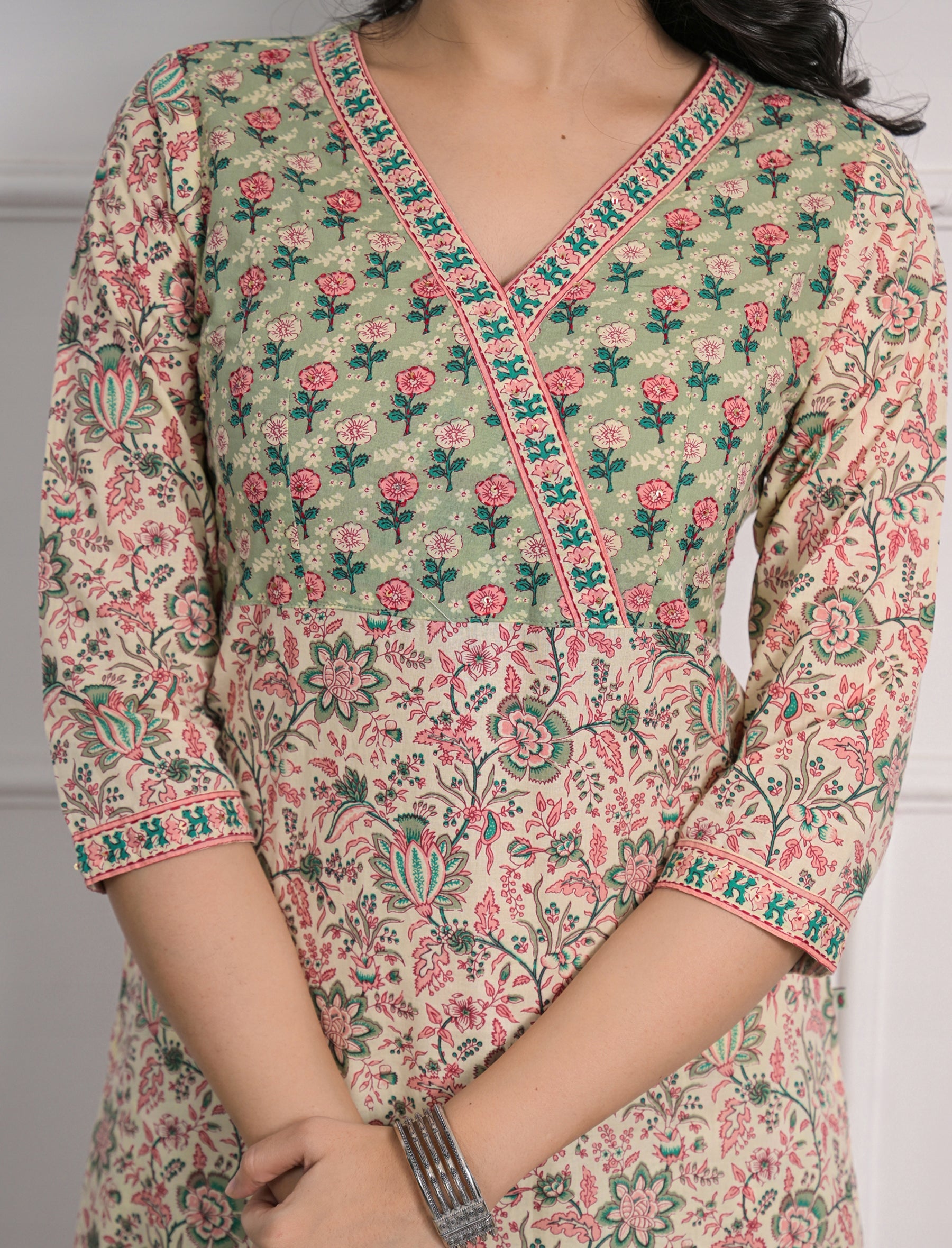 Green Cream Printed Cotton Block Printed Pant Set Of 2