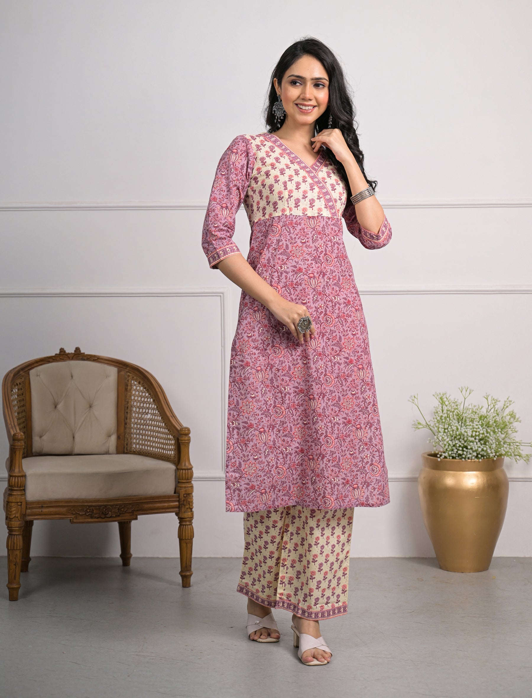 Purple Printed Cotton Block Printed Pant Set Of 2