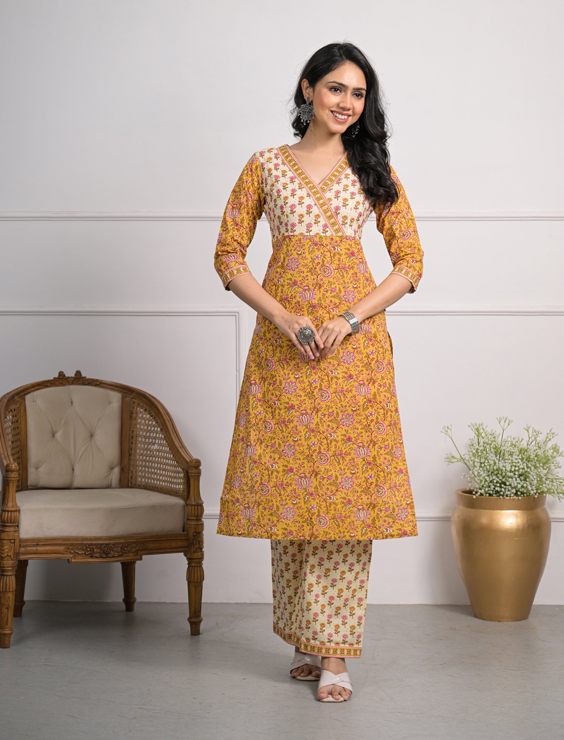Yellow Printed Cotton Block Printed Pant Set Of 2