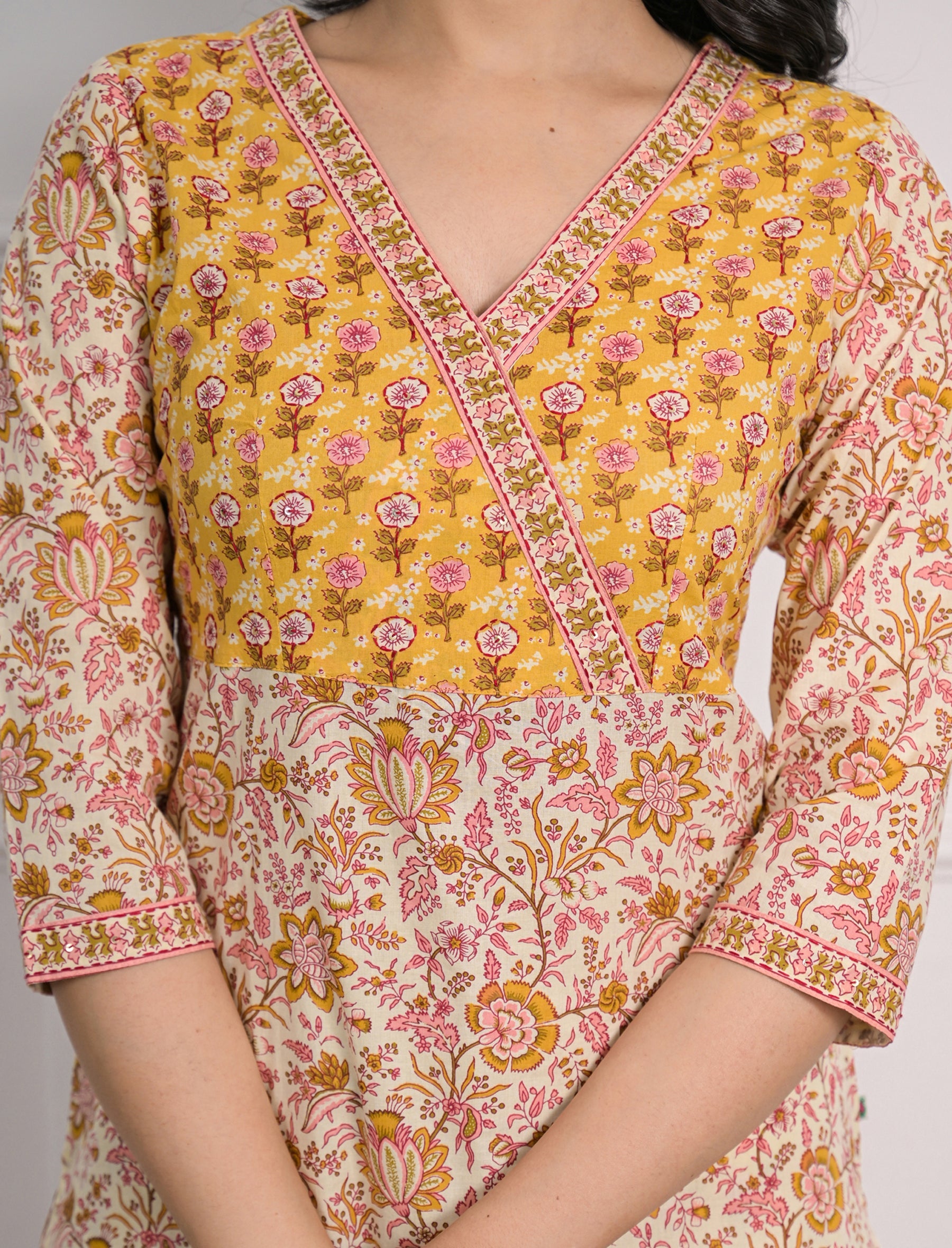 Yellow Cream Printed Cotton Block Printed Pant Set Of 2