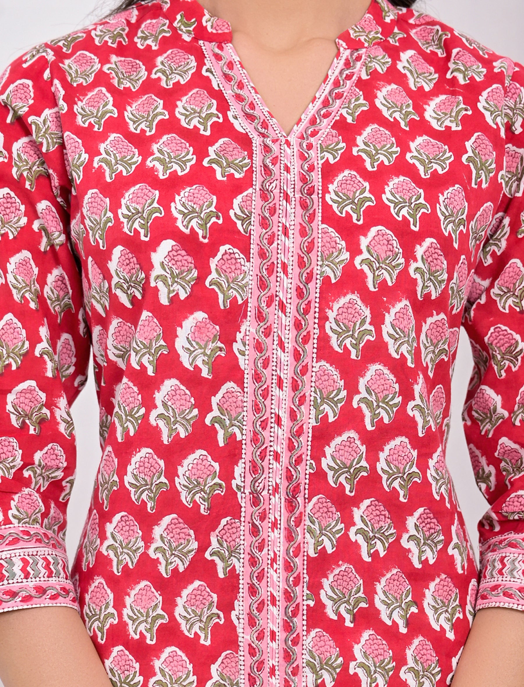 Cotton Block Printed Red Kurti