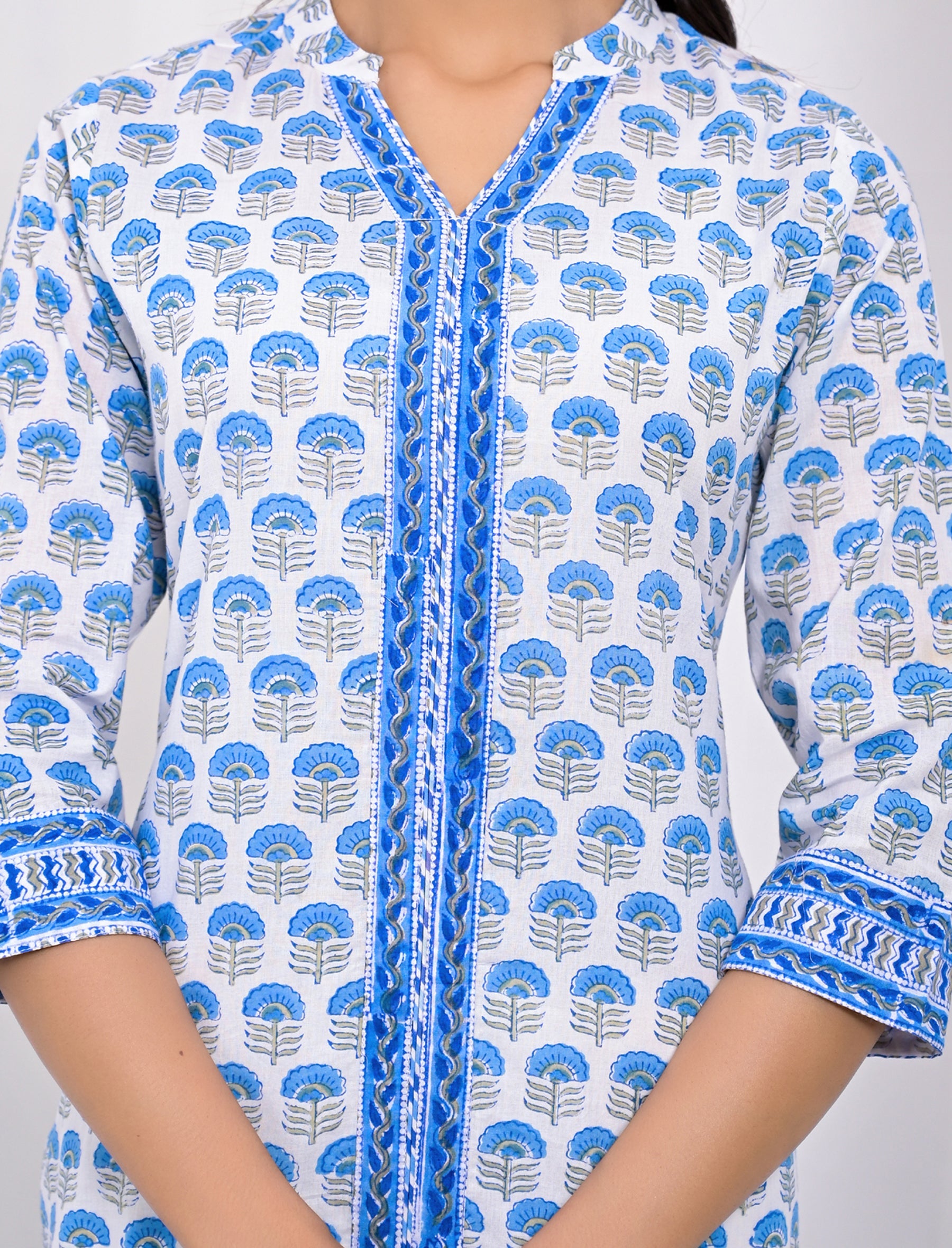 Cotton Block Printed White Blue Kurti
