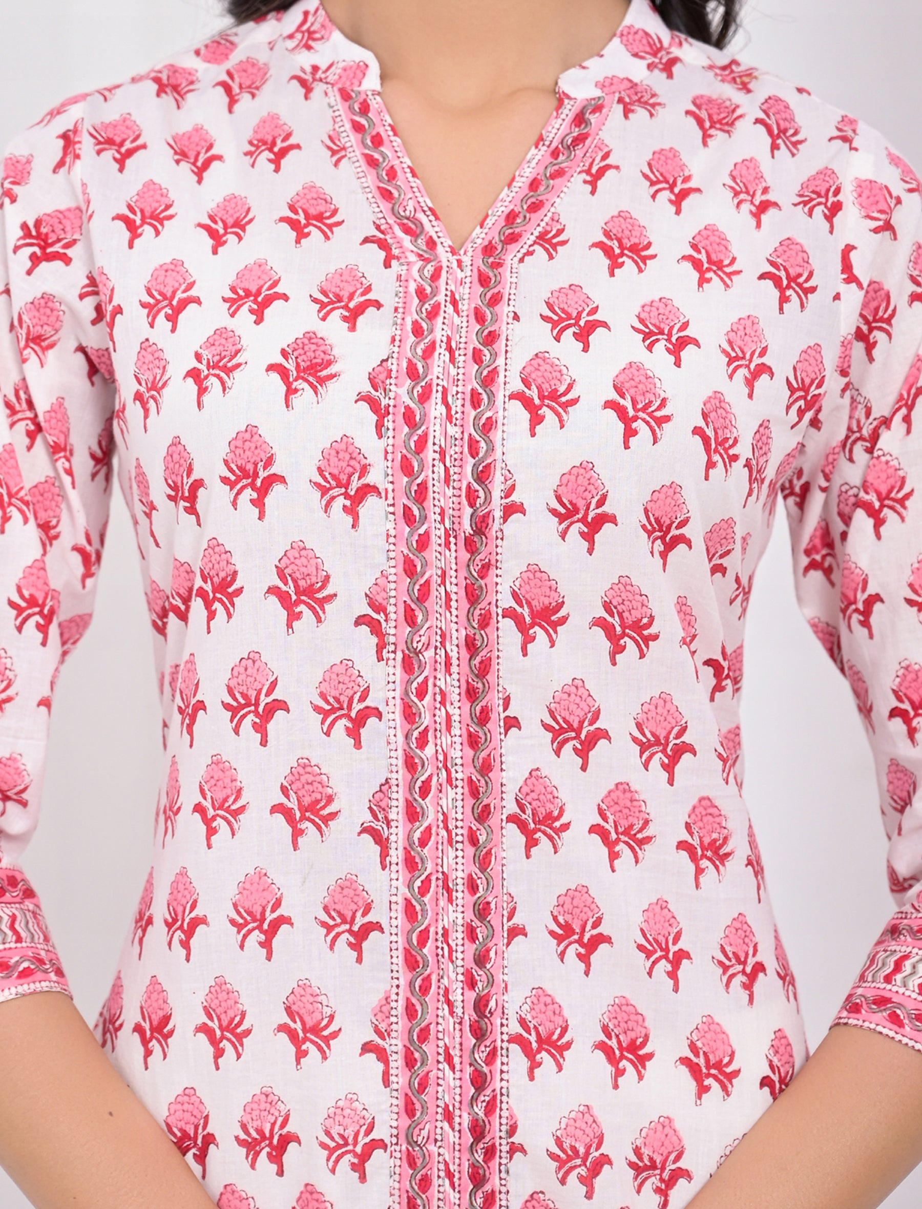 Cotton Block Printed White Flower Kurti