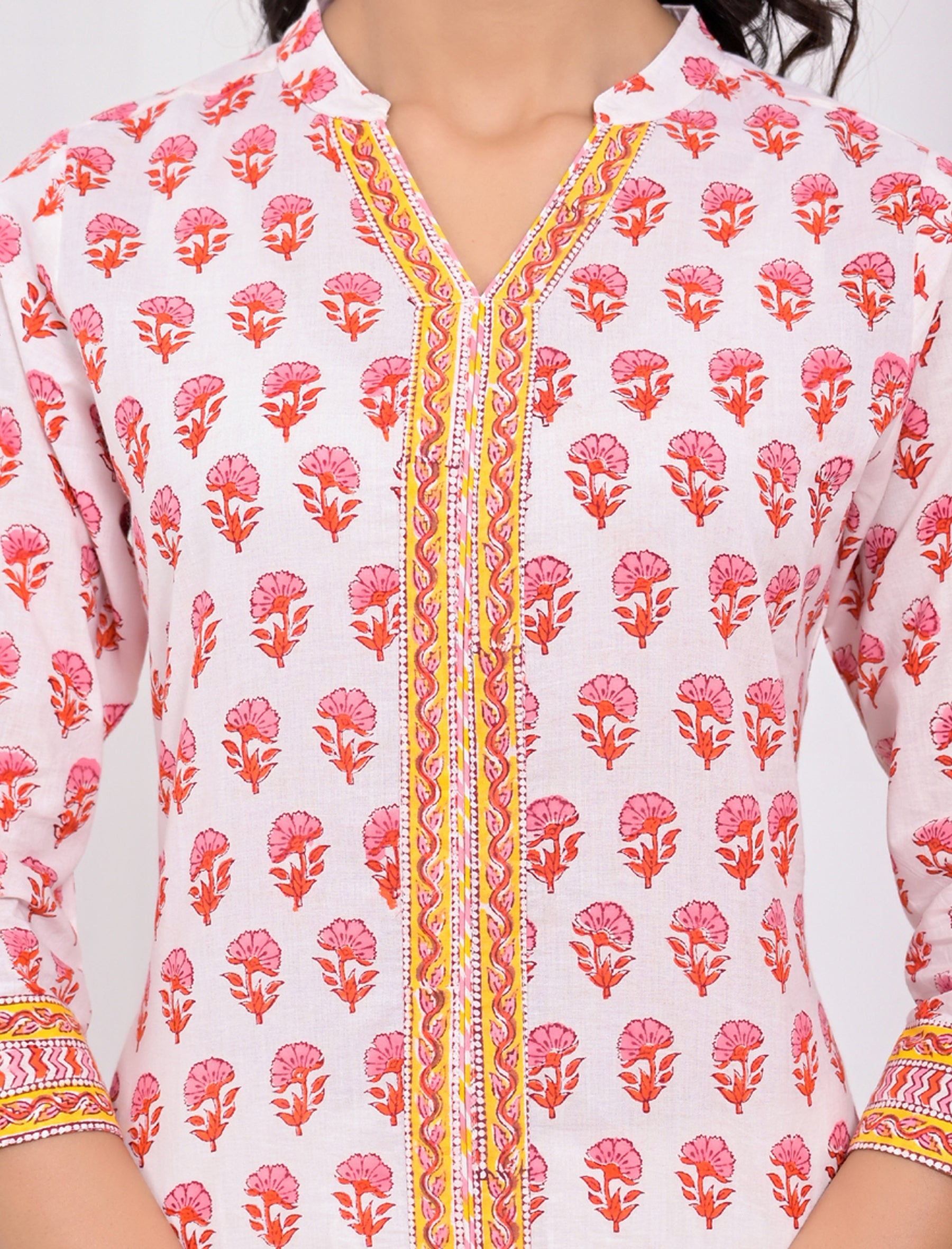 Cotton Block Printed White Pink Kurti