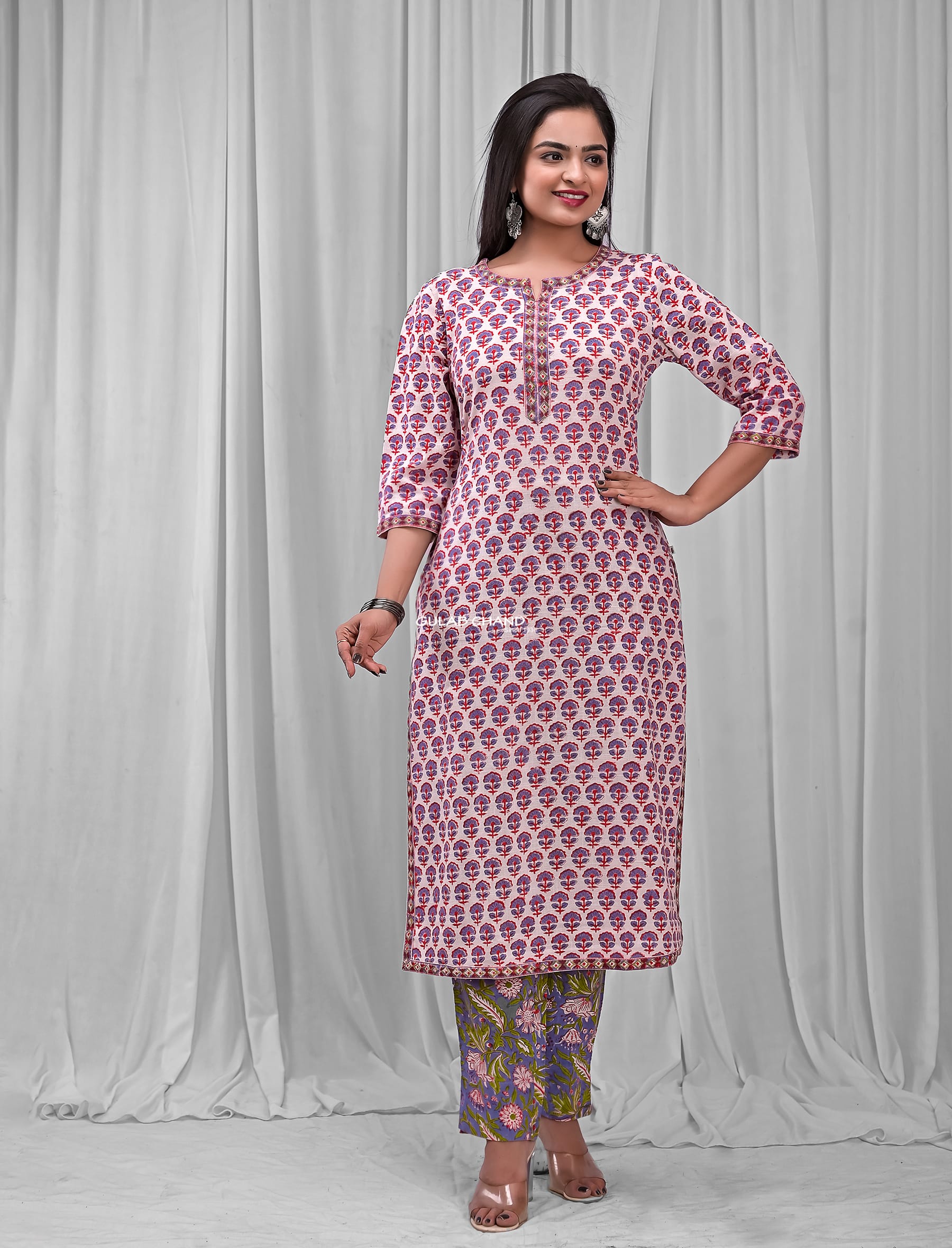 White Grey Block Printed Cotton Kurta Pant Set ( Set Of 2 )