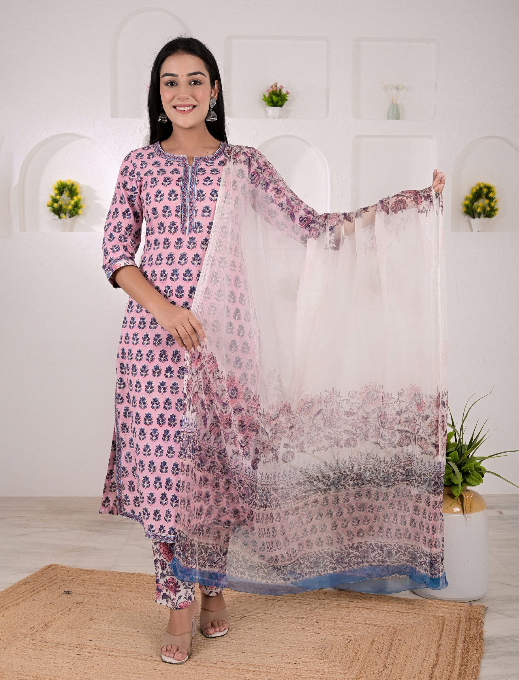 Pink Block Printed Cotton Kurta Pant Set