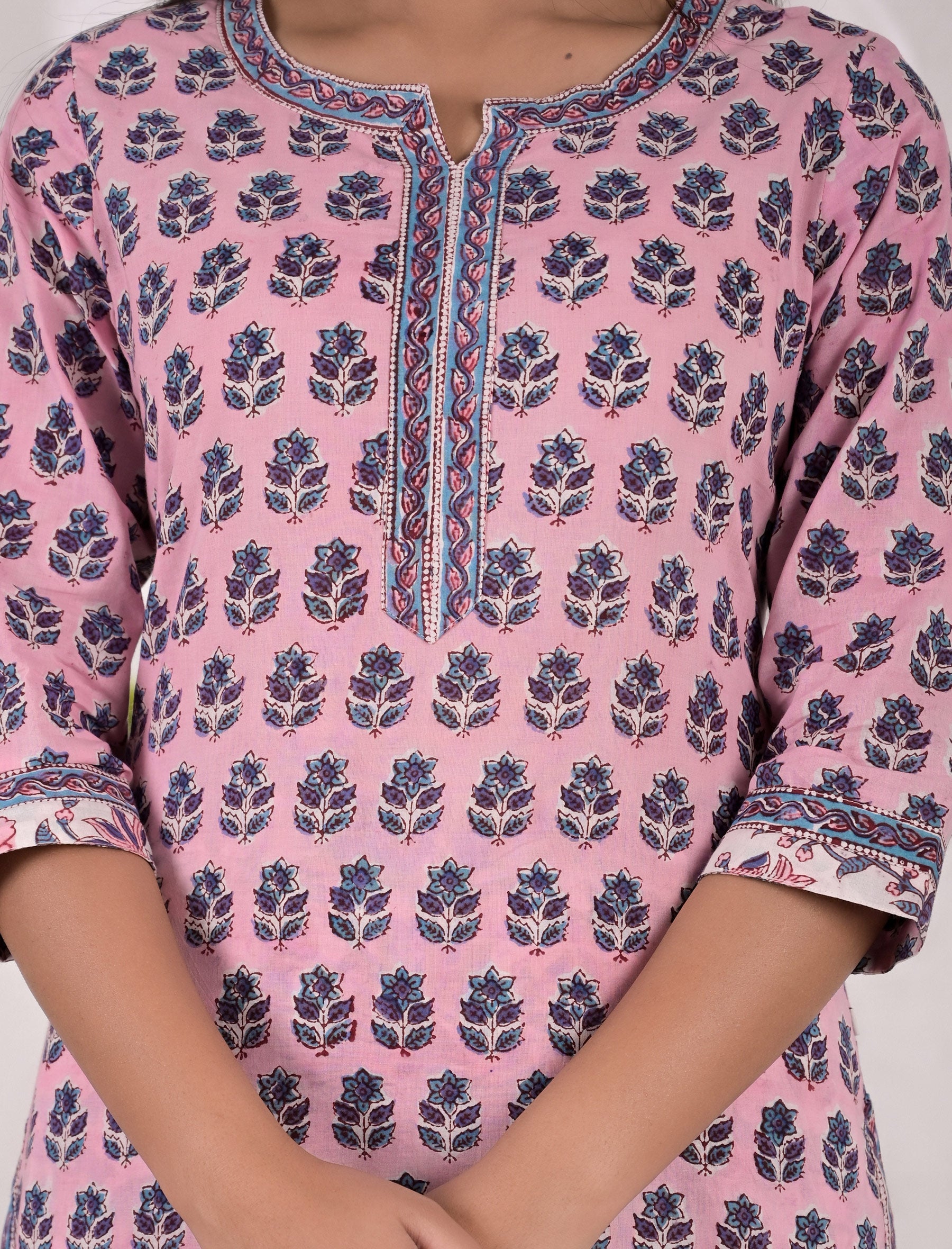 Pink Block Printed Cotton Kurta Pant Set