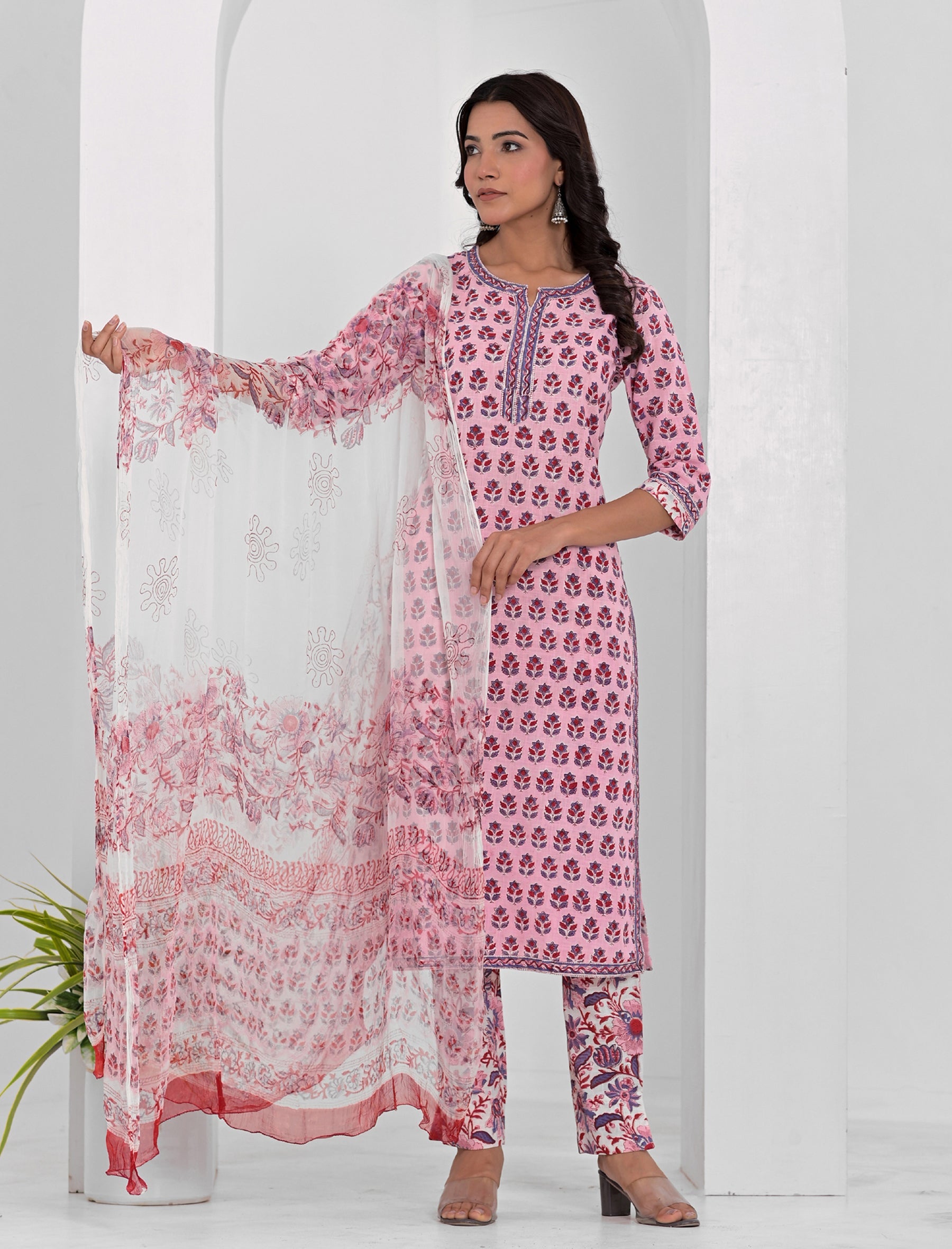 Pink Block Printed Cotton Kurta Pant Set