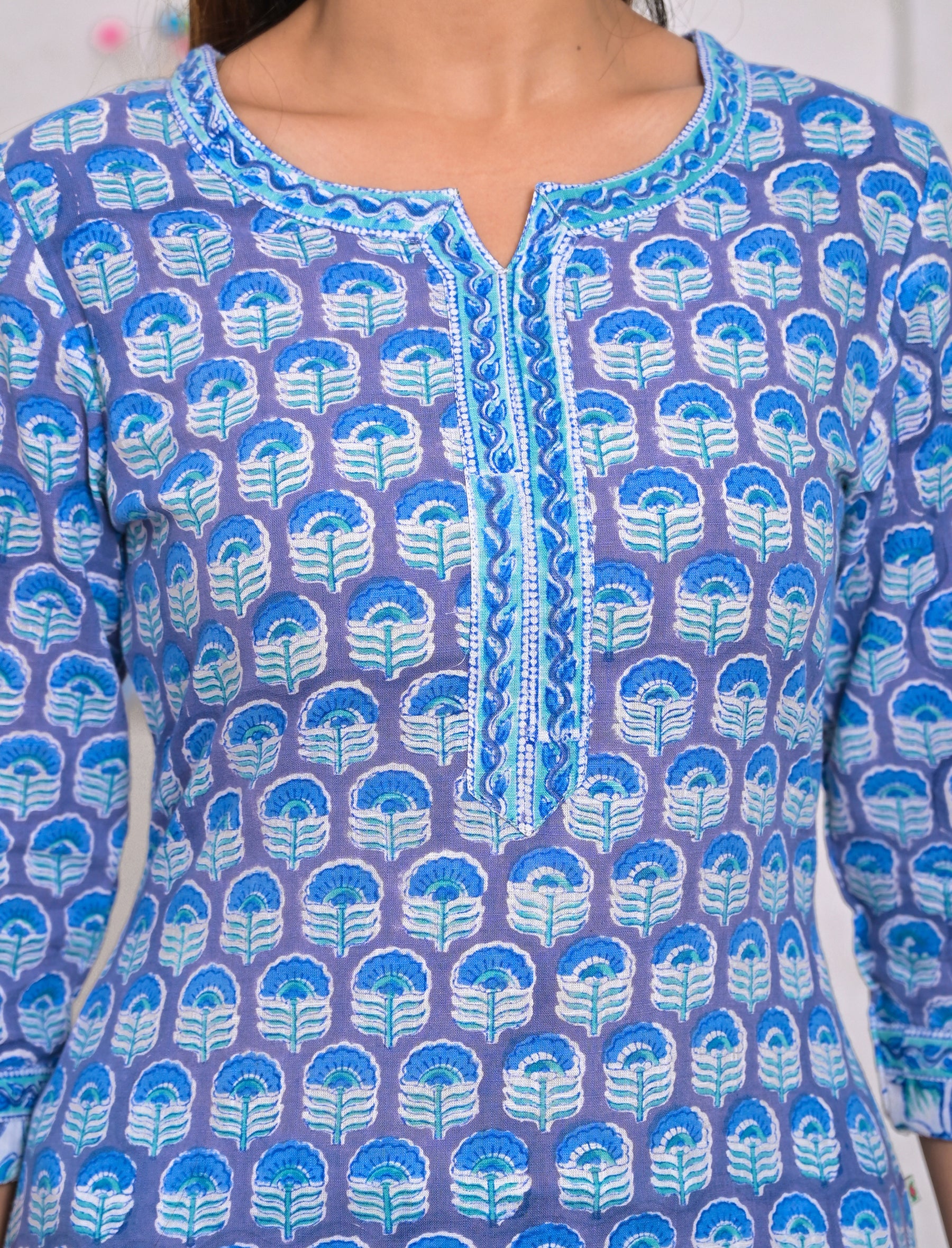 Blue Hand Block Printed Kurta Pant Set With Dupata'