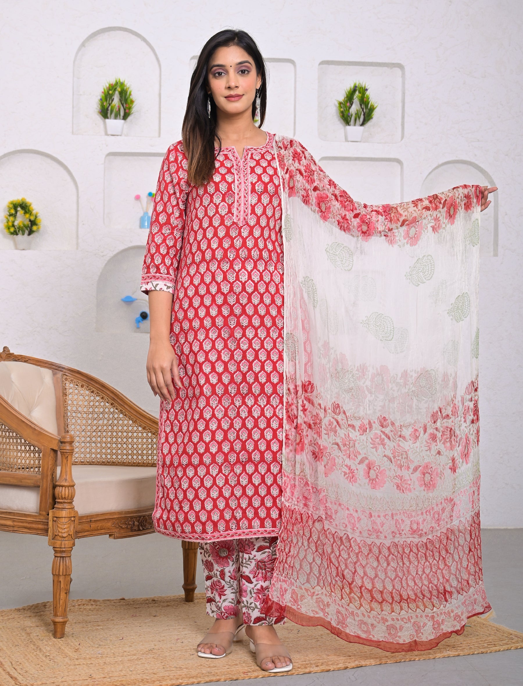 Red Block Printed Cotton Kurta Pant Set