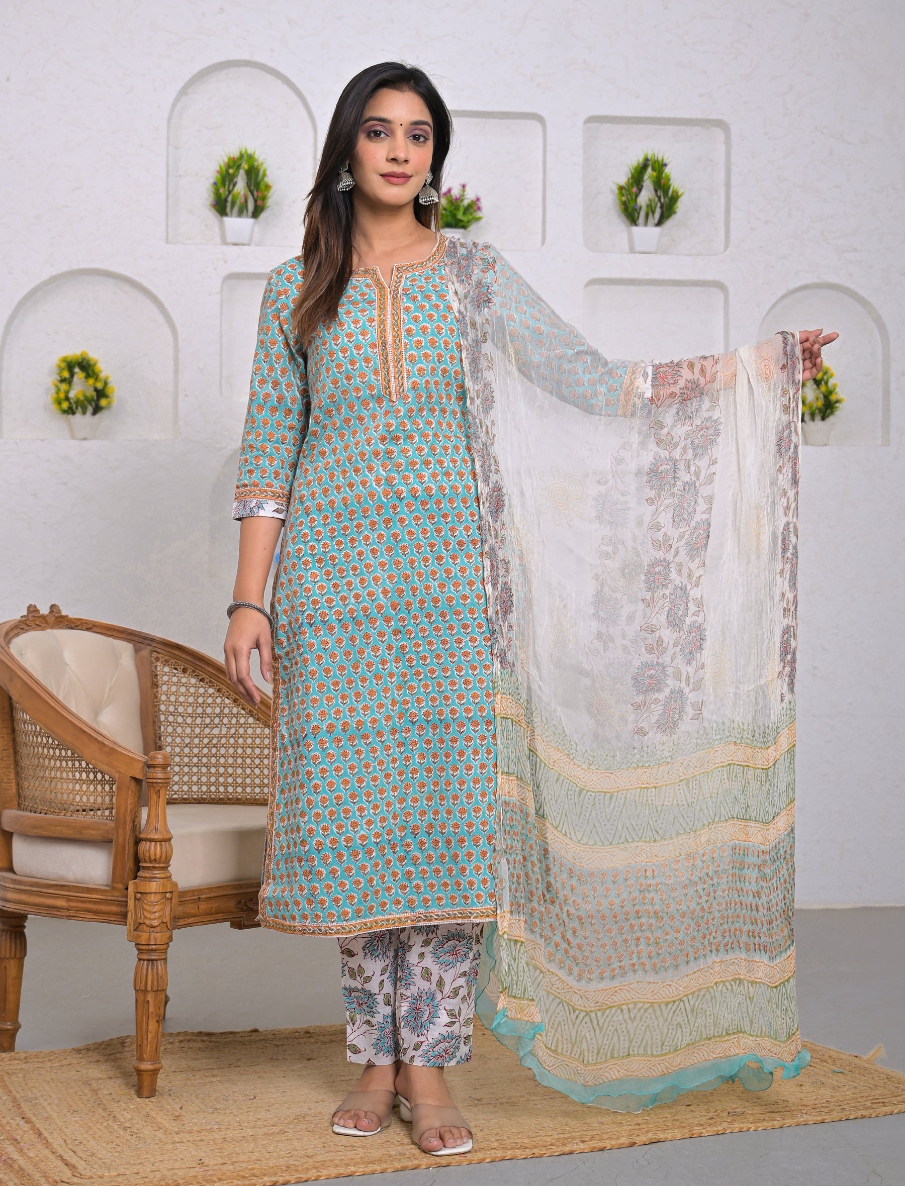 Sea Green Block Printed Cotton Kurta Pant Set