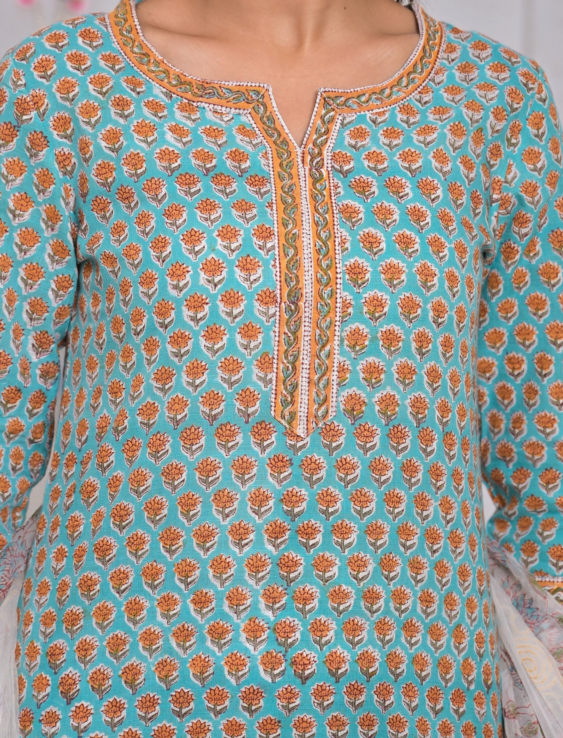Sea Green Block Printed Cotton Kurta Pant Set