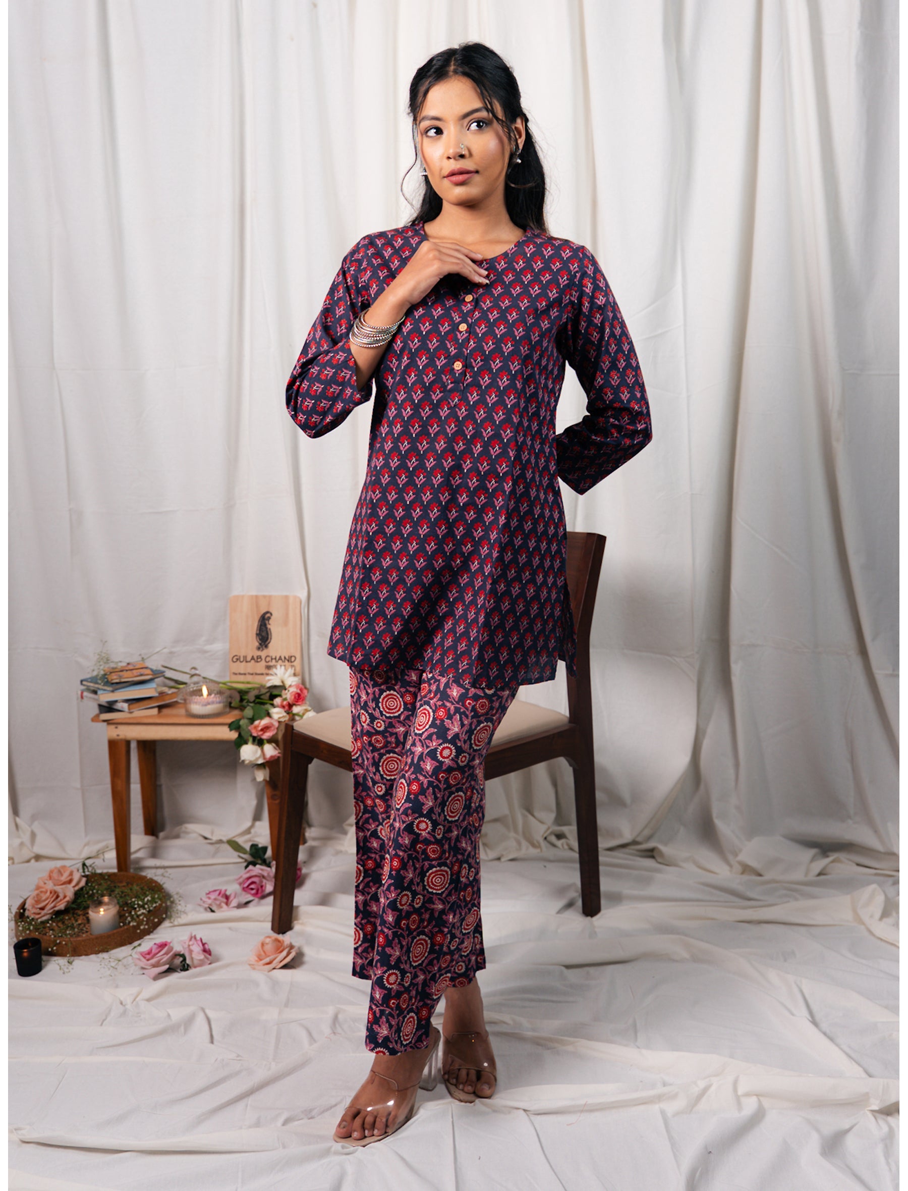 Blue Butti Hand Block Printed Cotton Co-Ord Set
