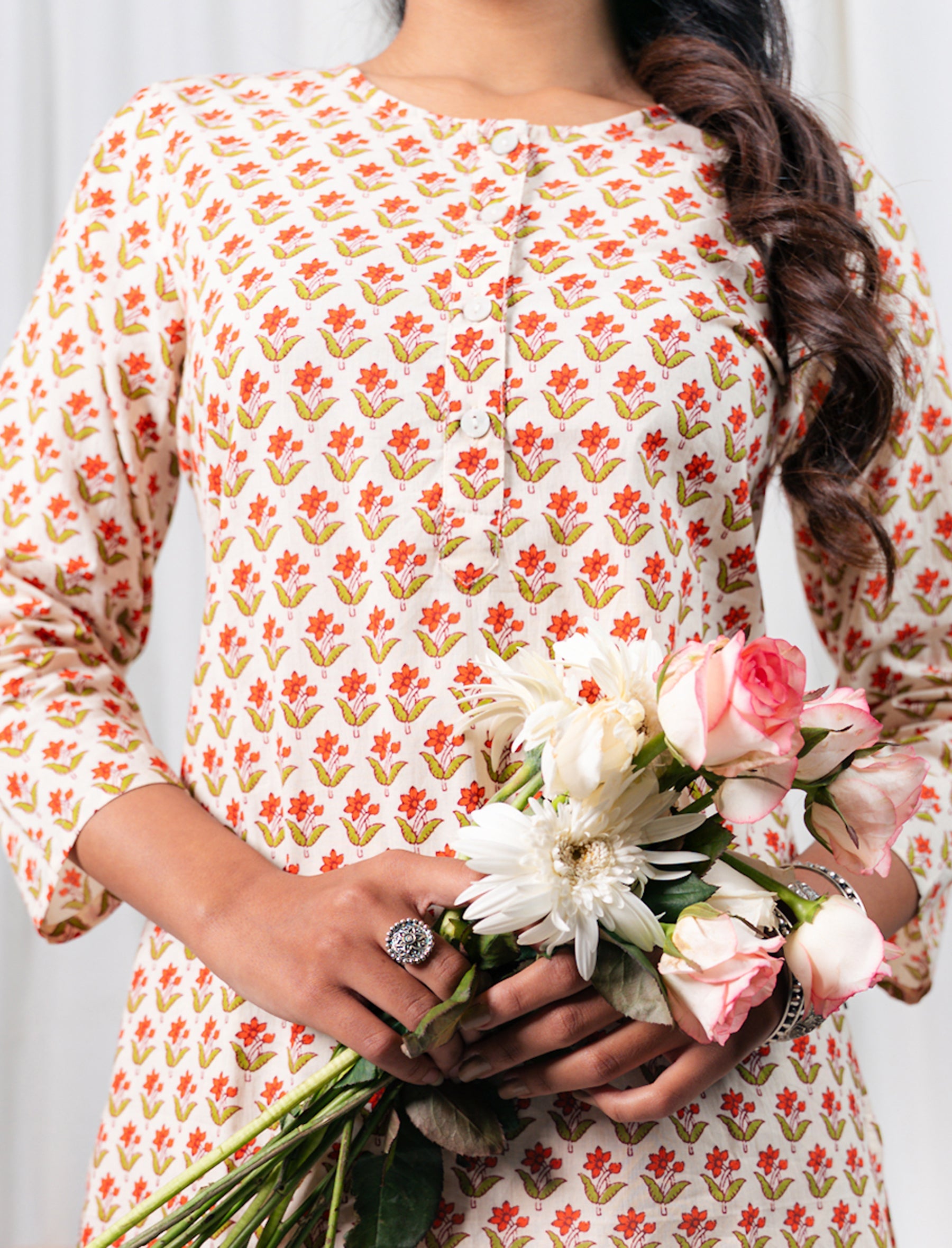 White Red Butti Hand Block Printed Cotton Co-Ord Set