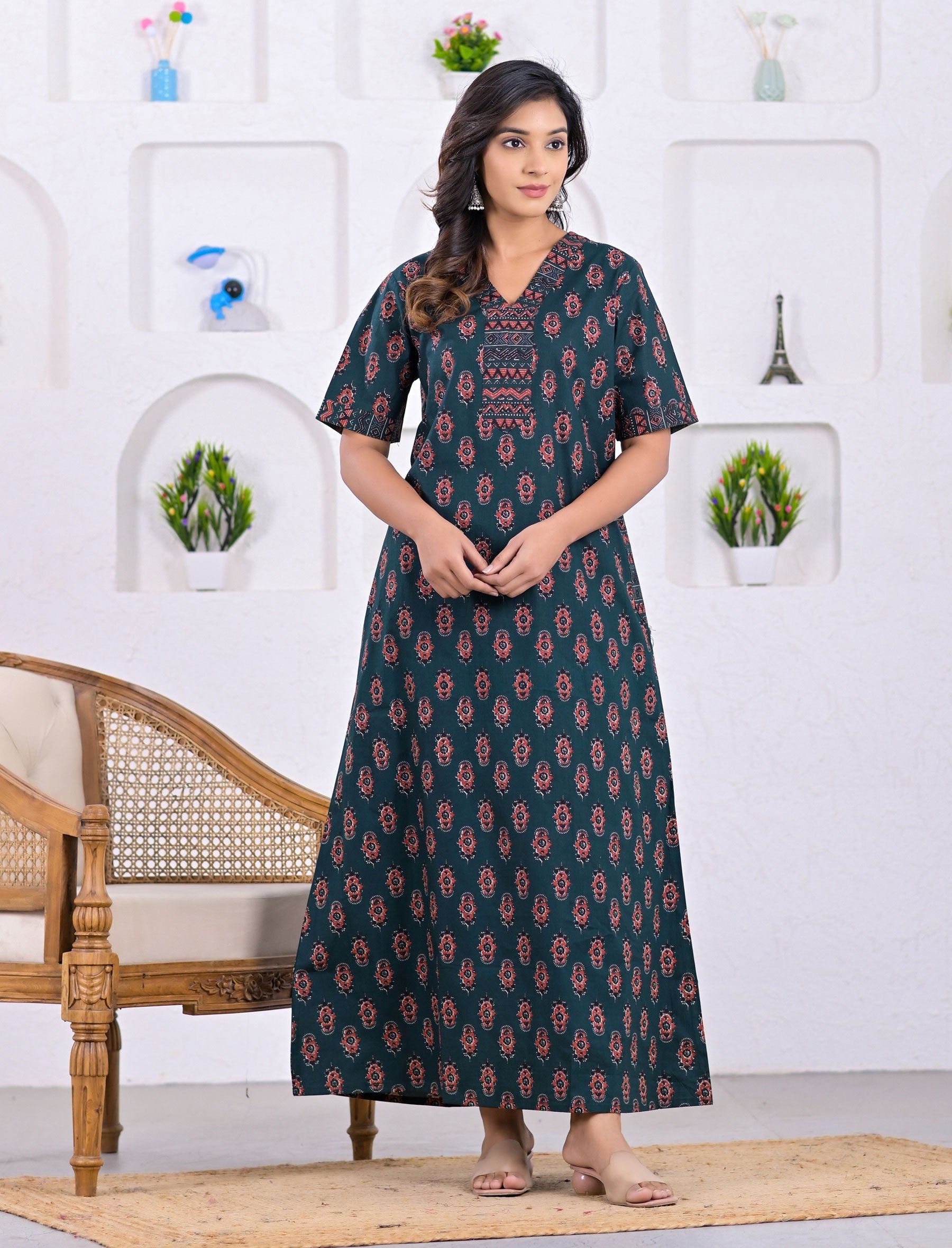 Sea Blue Cotton Comfortable Night Gown