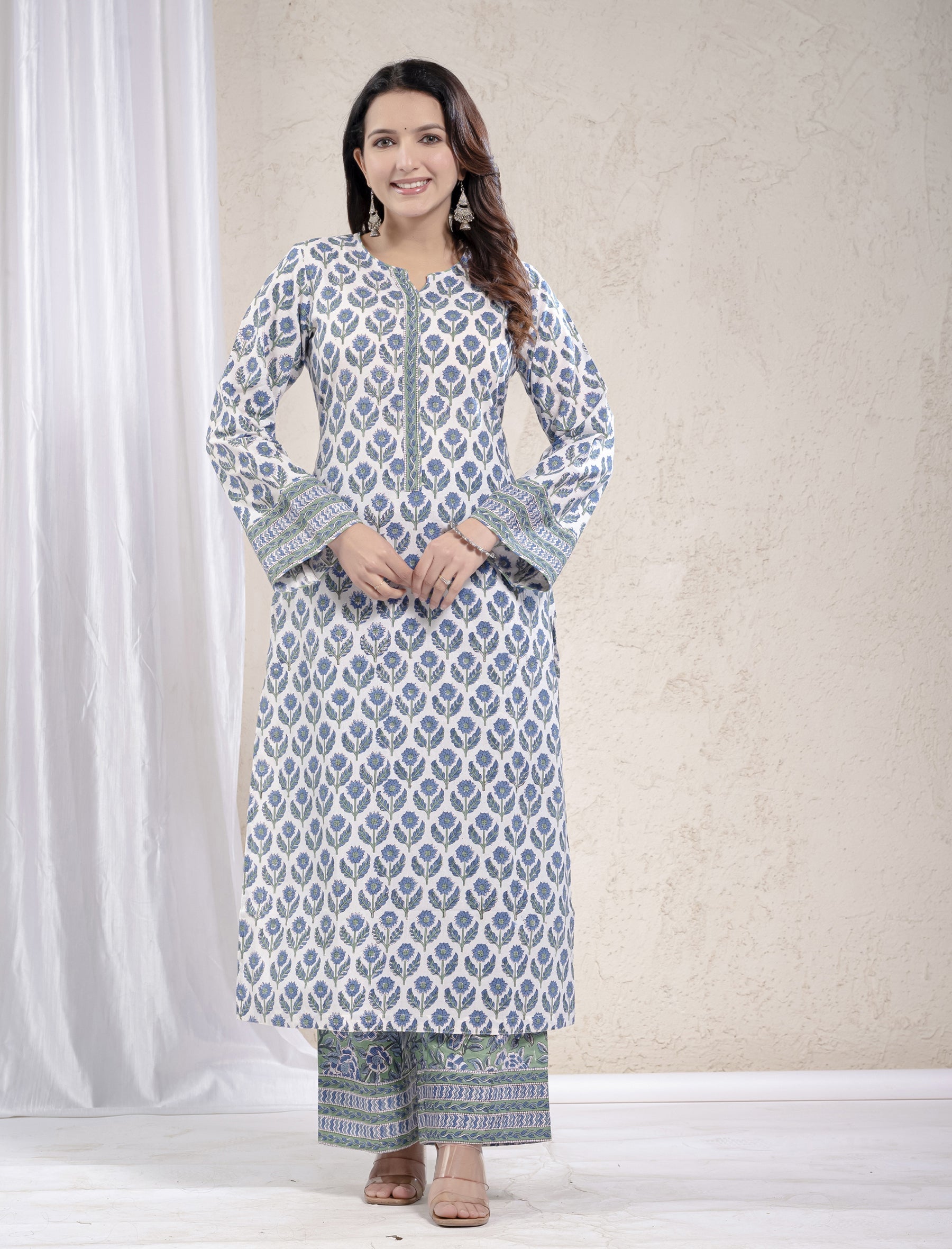 White Blue Cotton Printed Kurta Pant Set