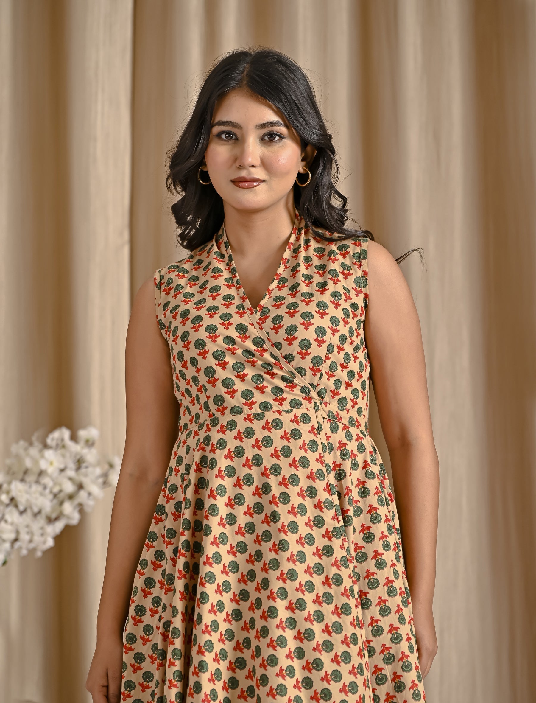 Beige Green Butti Cotton Printed High-Low Dress