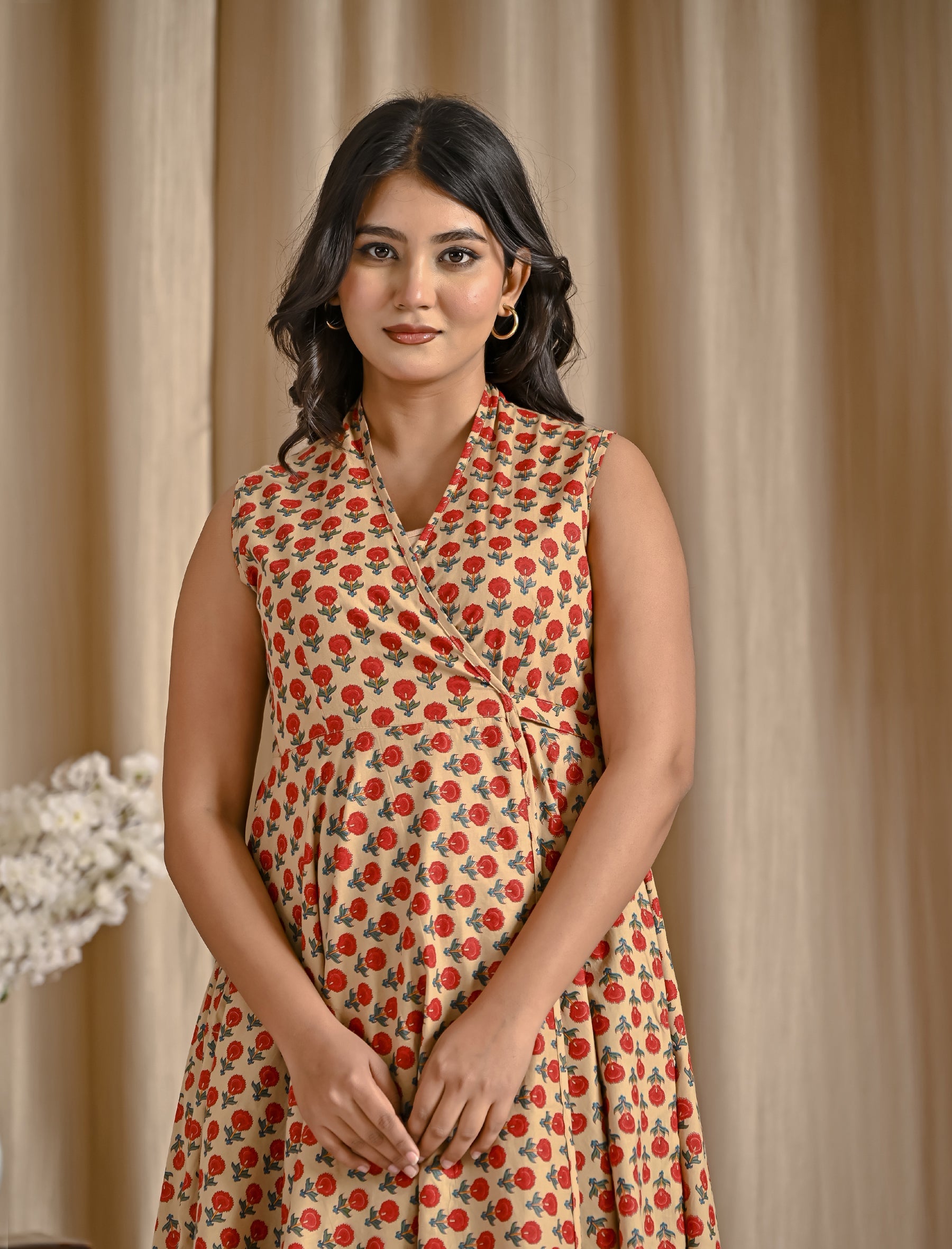 Beige Red Butti Cotton Printed High-Low Dress