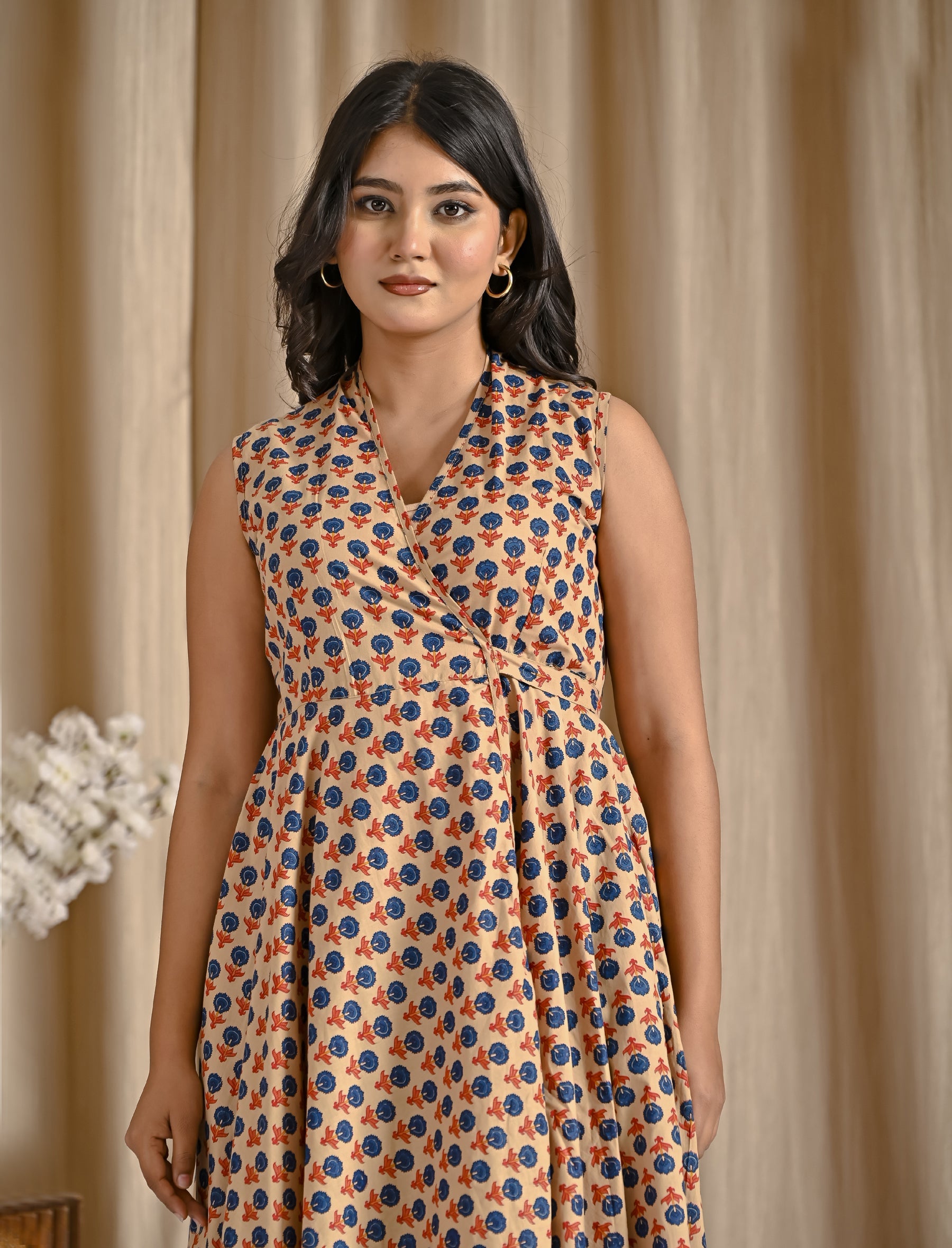 Beige Blue Butti Cotton Printed High-Low Dress