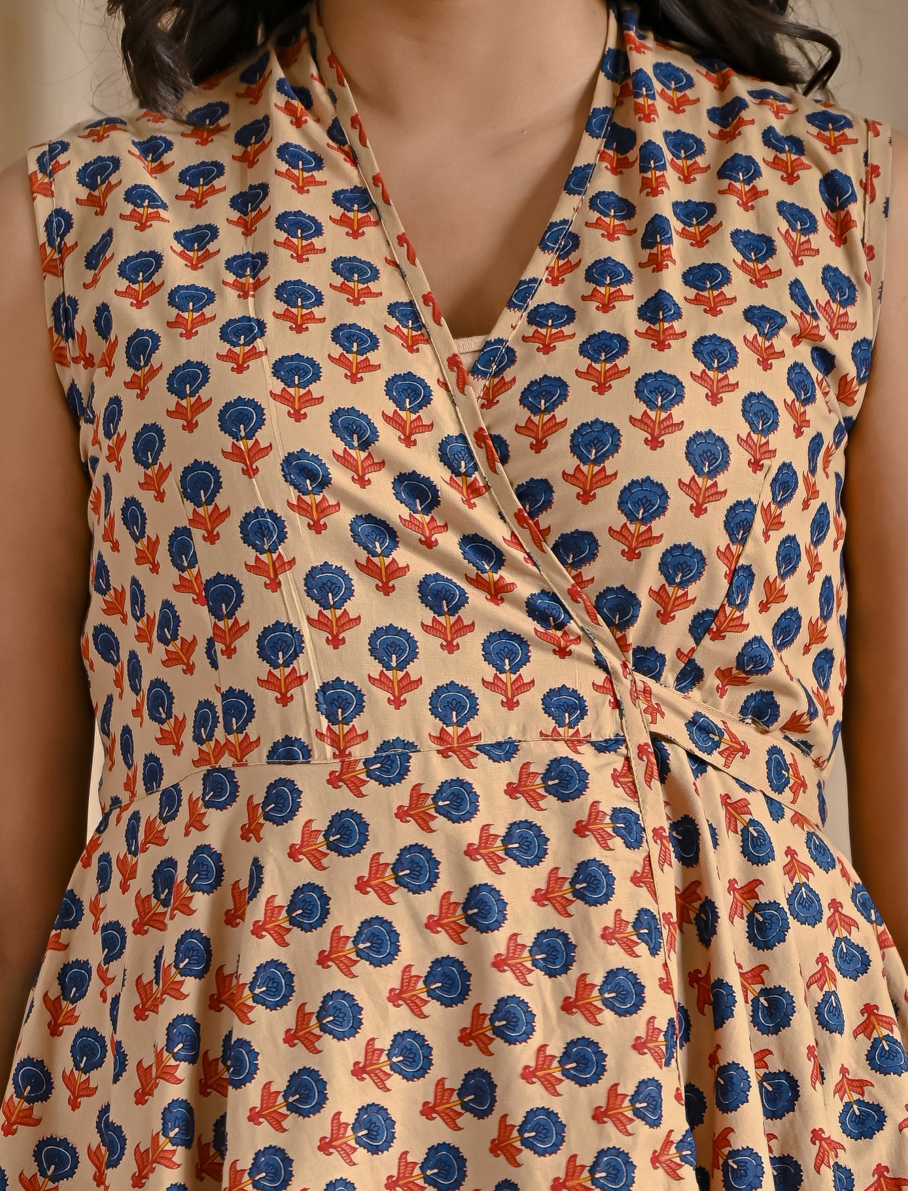 Beige Blue Butti Cotton Printed High-Low Dress