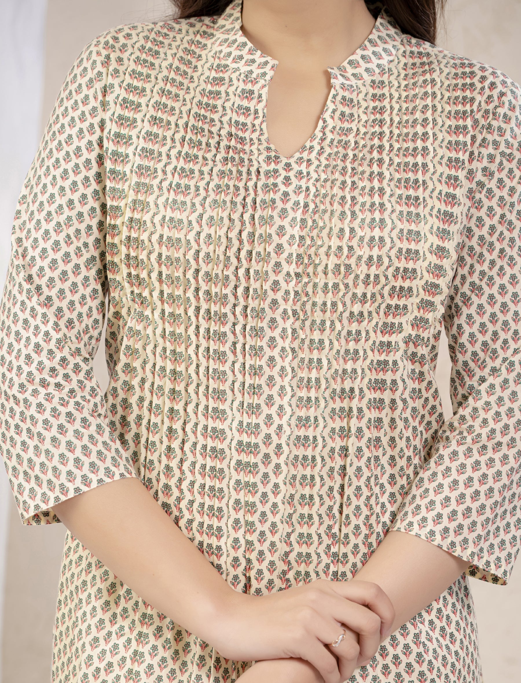 Cream Green Butti Printed Straight Kurti