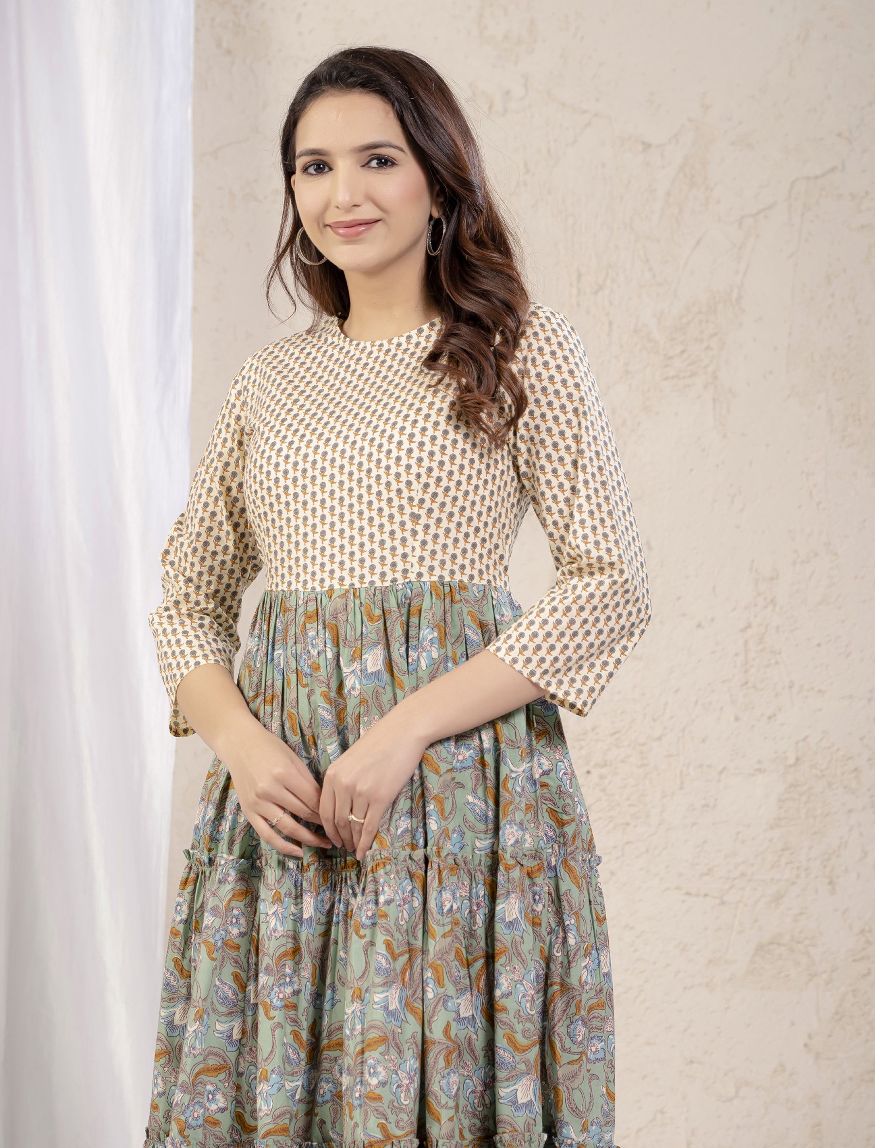 Green Cotton Printed Anarkali Dress