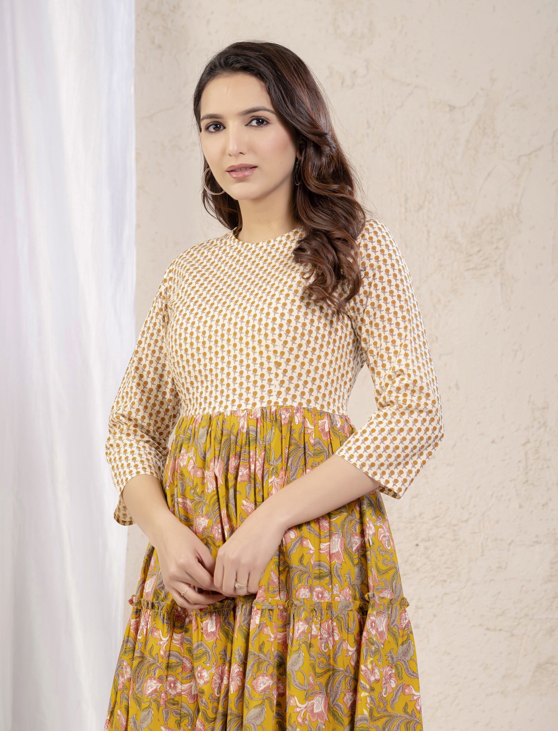 Mustard Cotton Printed Anarkali Dress
