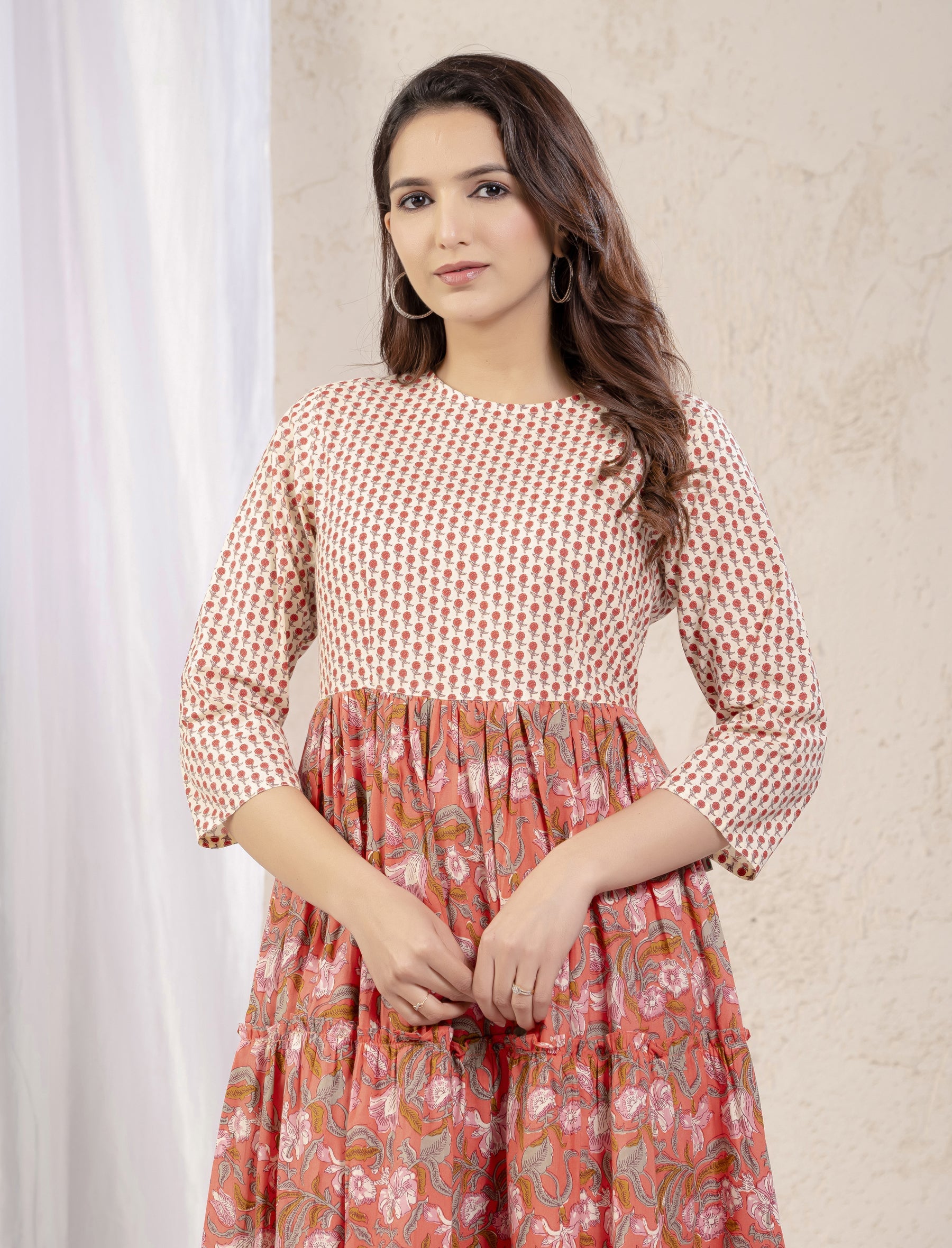 Peach Cotton Printed Anarkali Dress