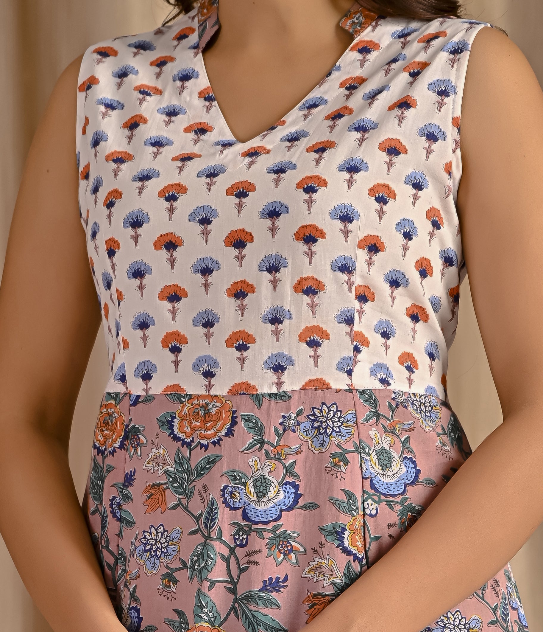 Beige Jaal Cotton Printed Sleeveless Dress