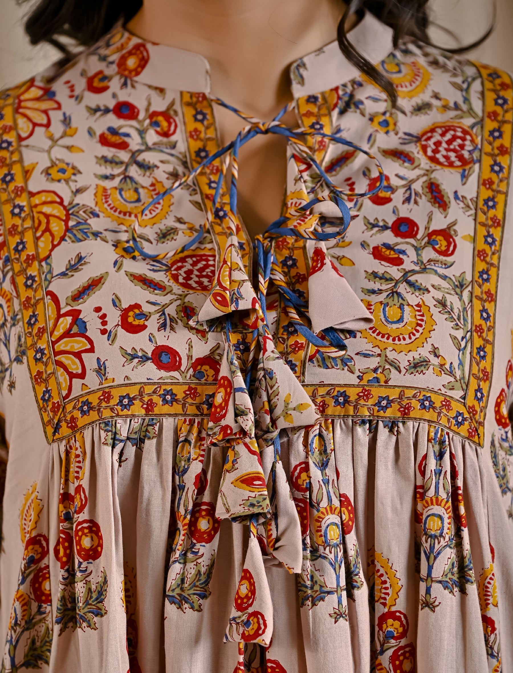 Beige Yellow Cotton Printed Flared Dress With Front Tassels