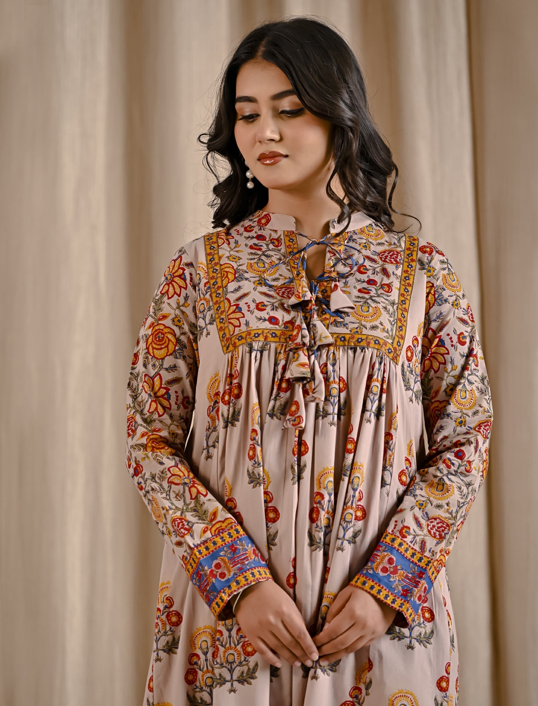 Beige Yellow Cotton Printed Flared Dress With Front Tassels