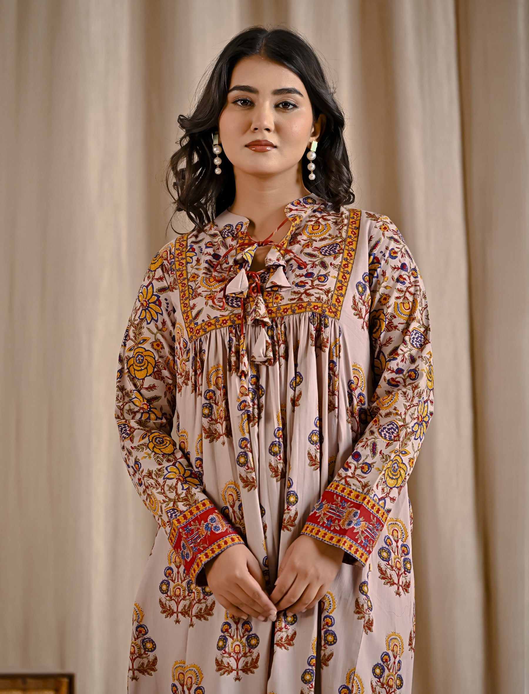 Beige Yellow Cotton Printed Flared Dress With Front Tassels