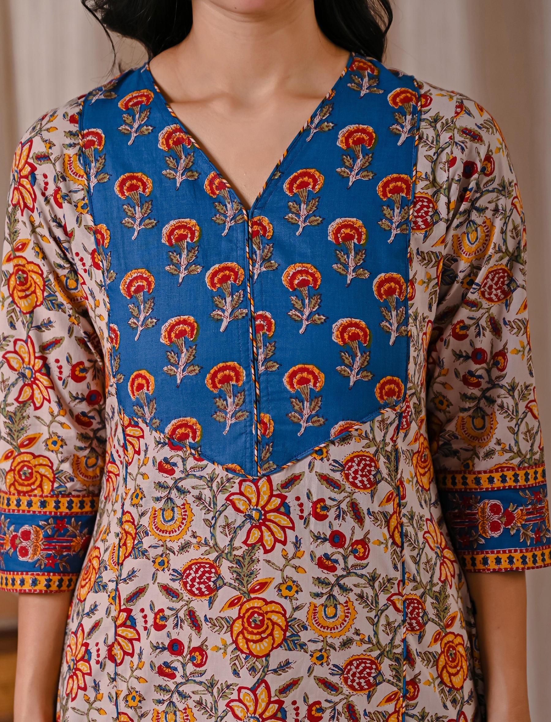 Grey Blue Butta Block Printed Cotton Straight Kurti