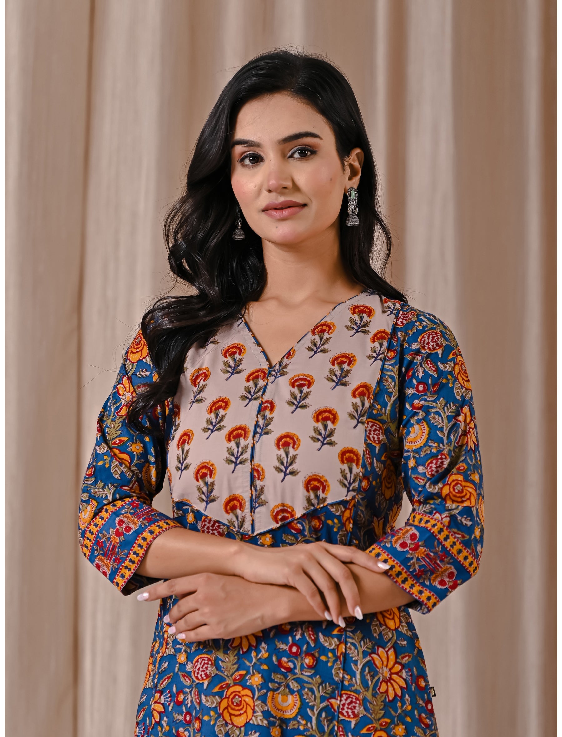 Blue Jaal Block Printed Cotton Straight Kurti