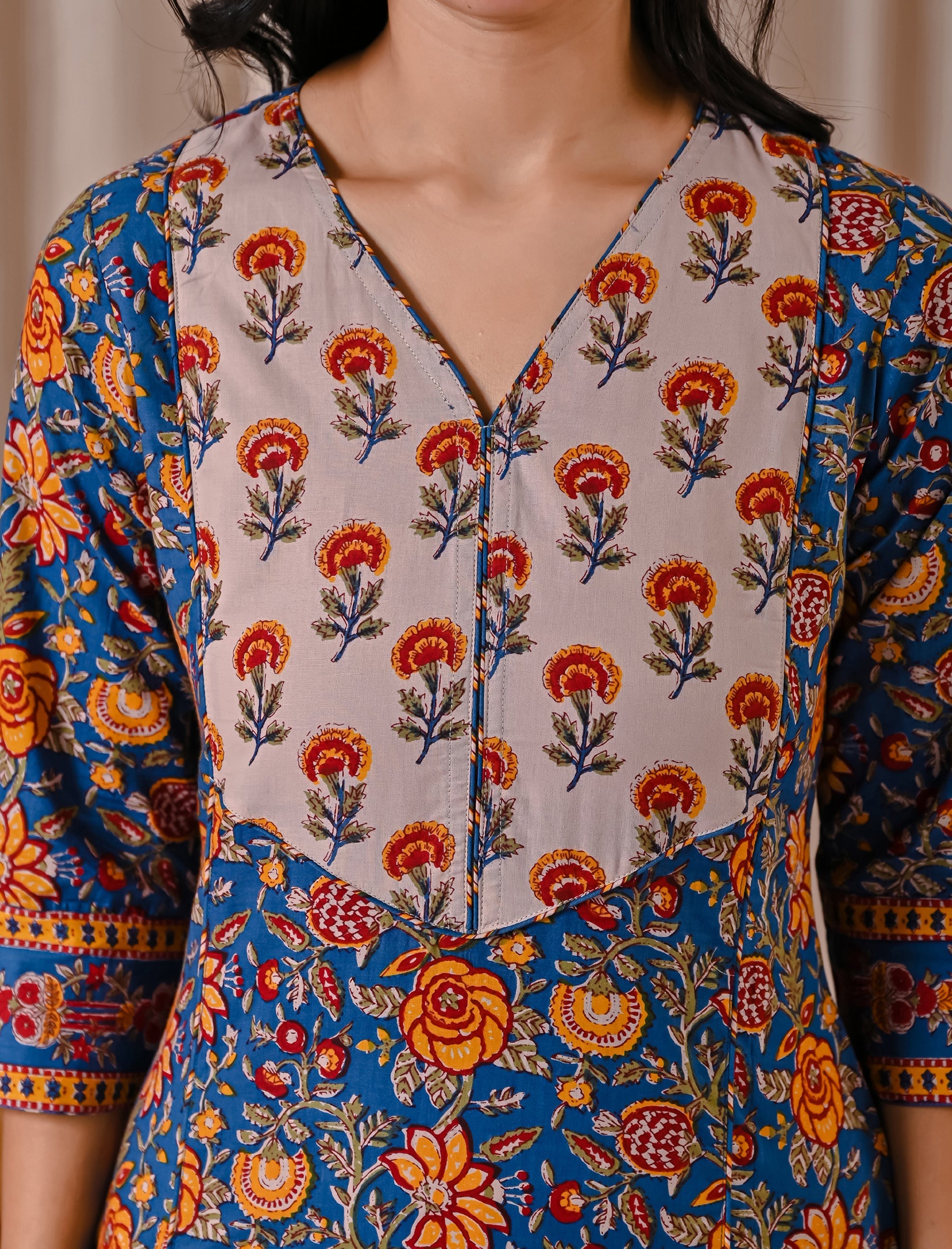 Blue Jaal Block Printed Cotton Straight Kurti
