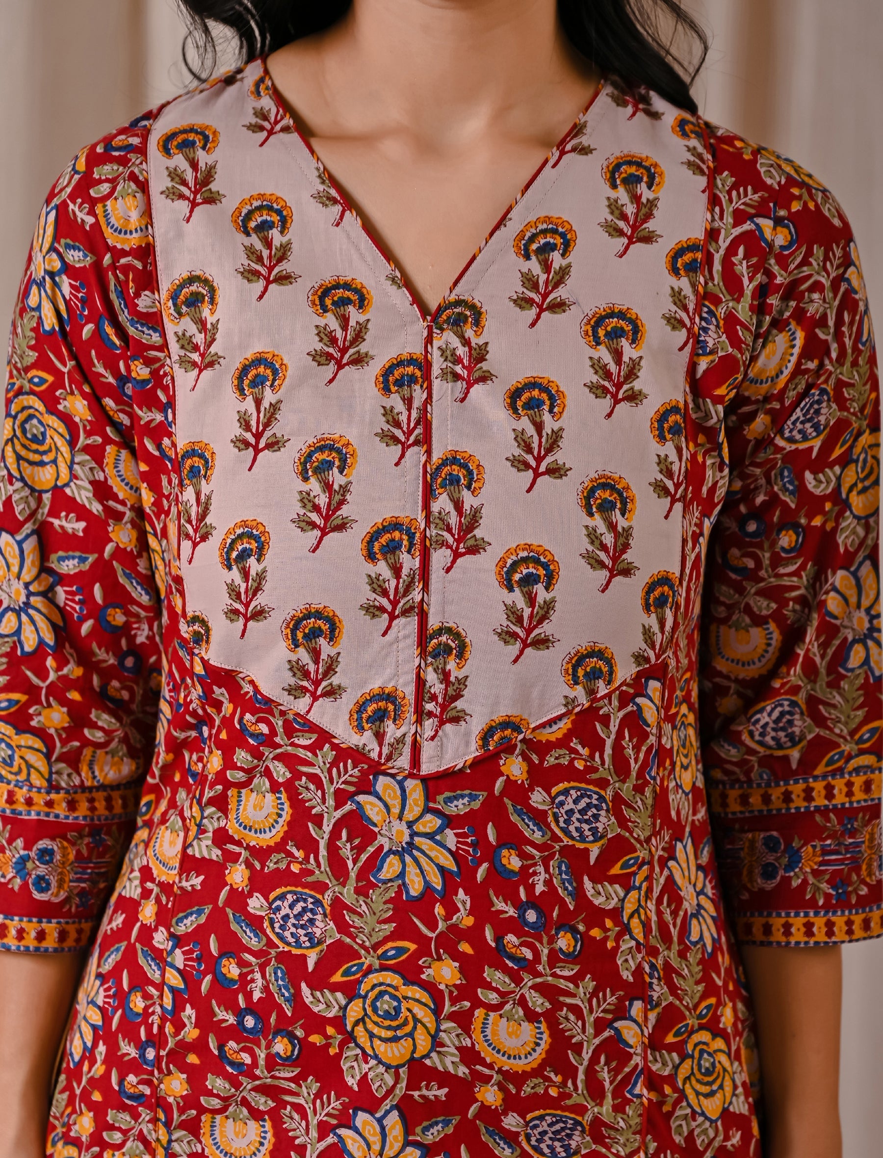 Red Jaal Block Printed Cotton Straight Kurti