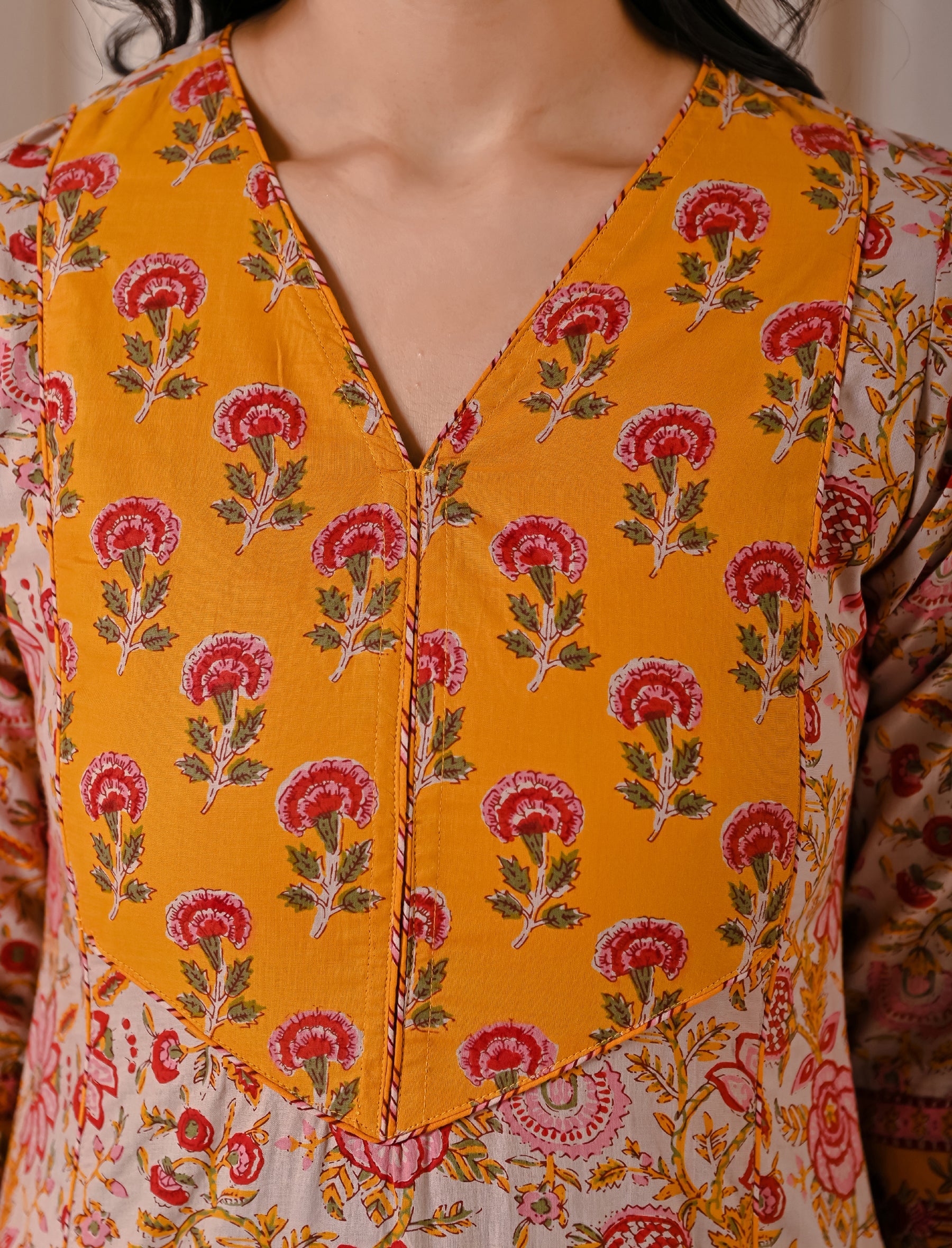Beige Jaal Block Printed Cotton Straight Kurti
