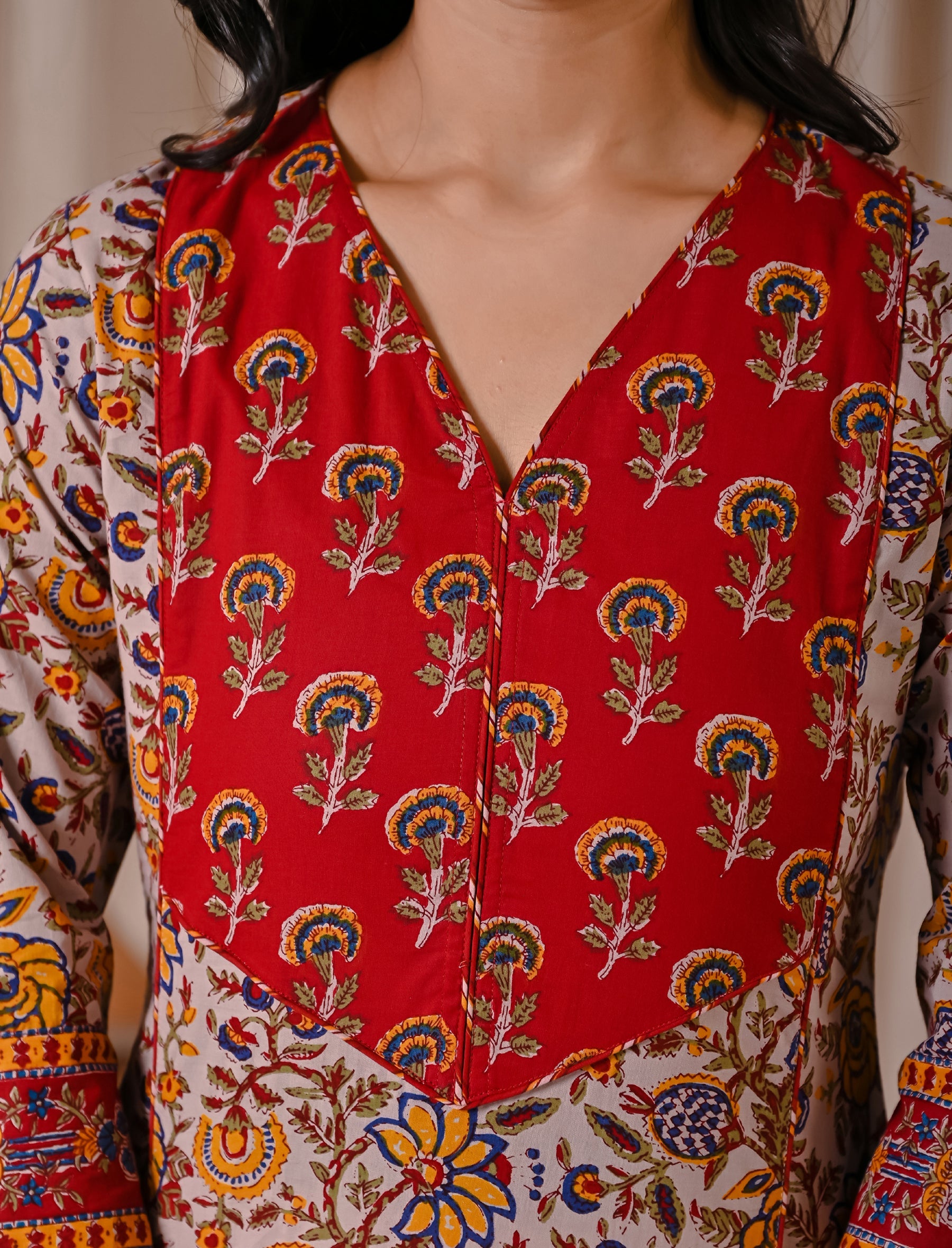 Beige Red Jaal Block Printed Cotton Straight Kurti