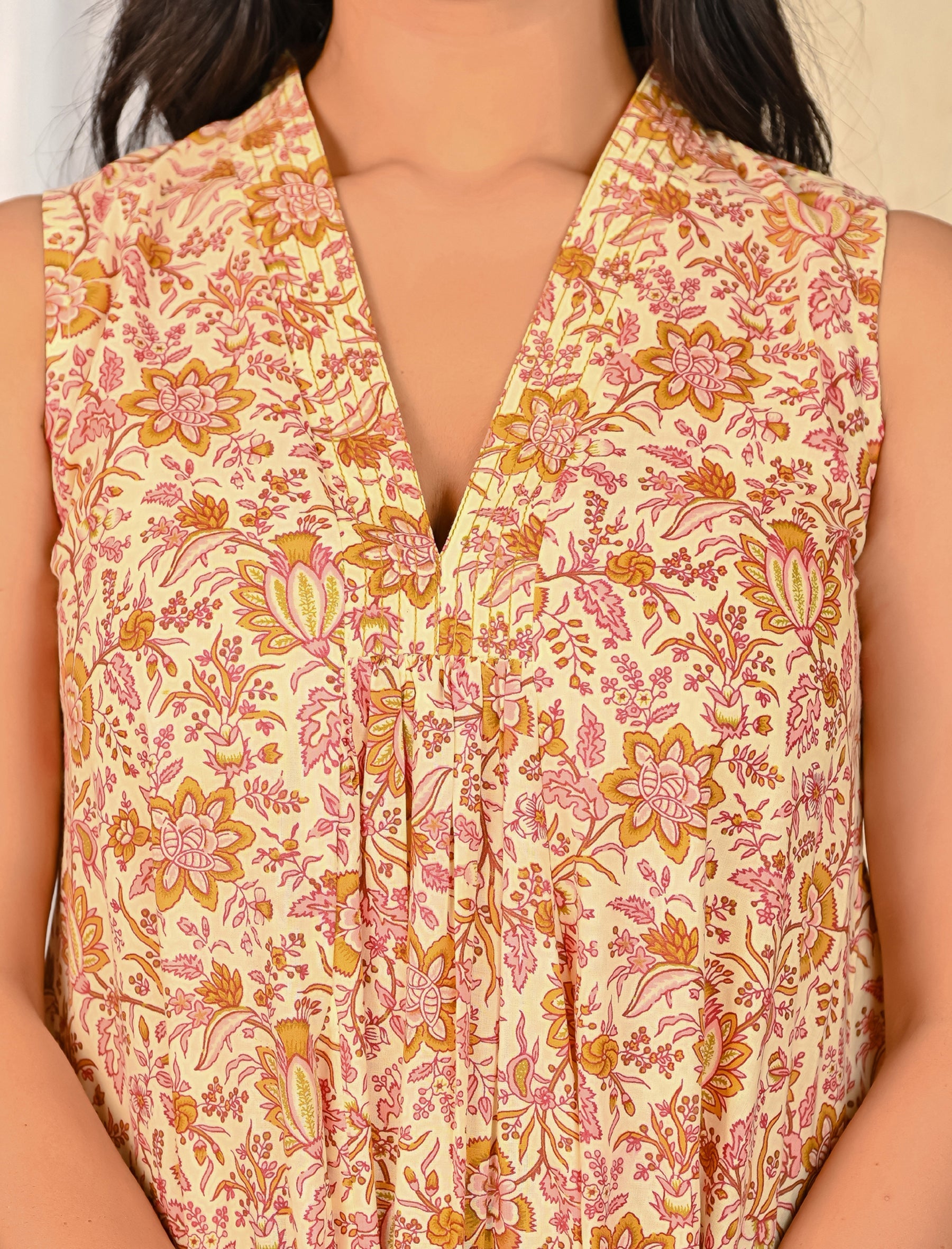 Beige Jaal Cotton Printed V Neck Long Dress