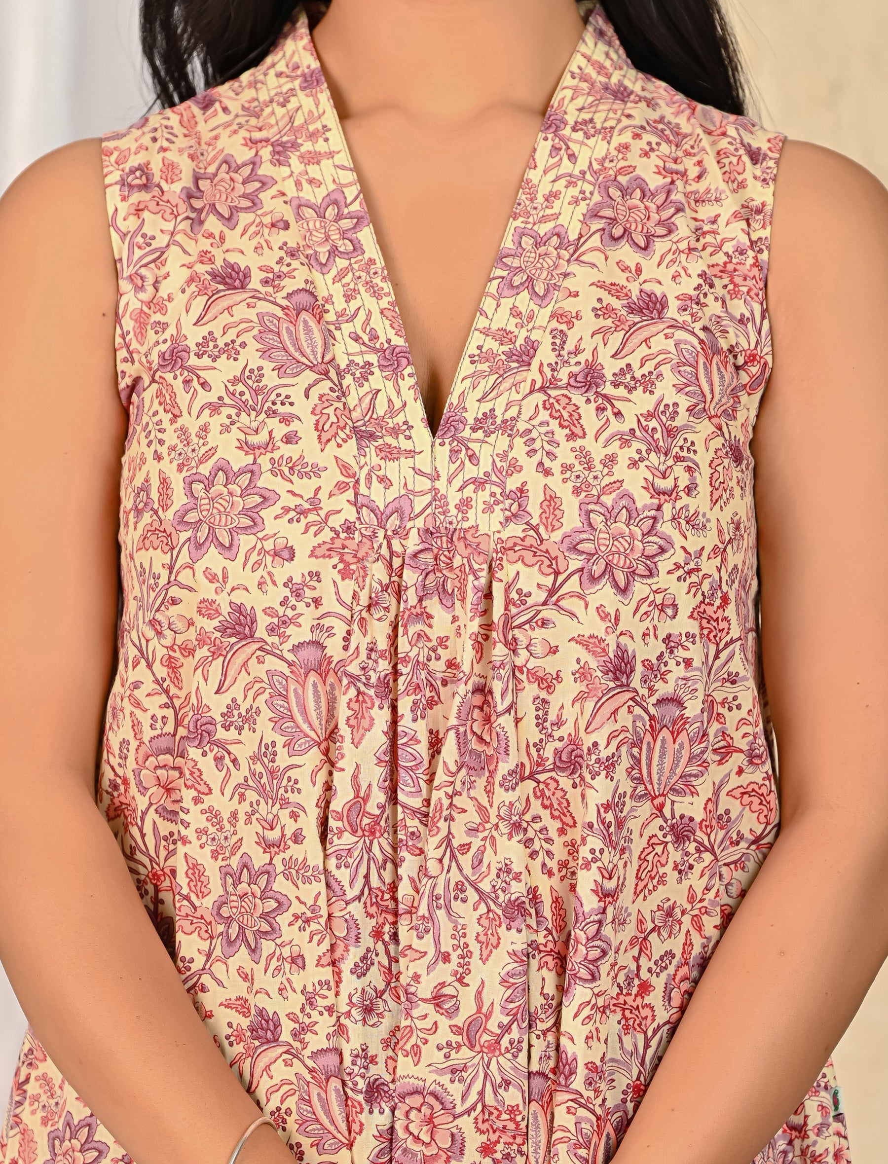 Beige Jaal Cotton Printed V Neck Long Dress