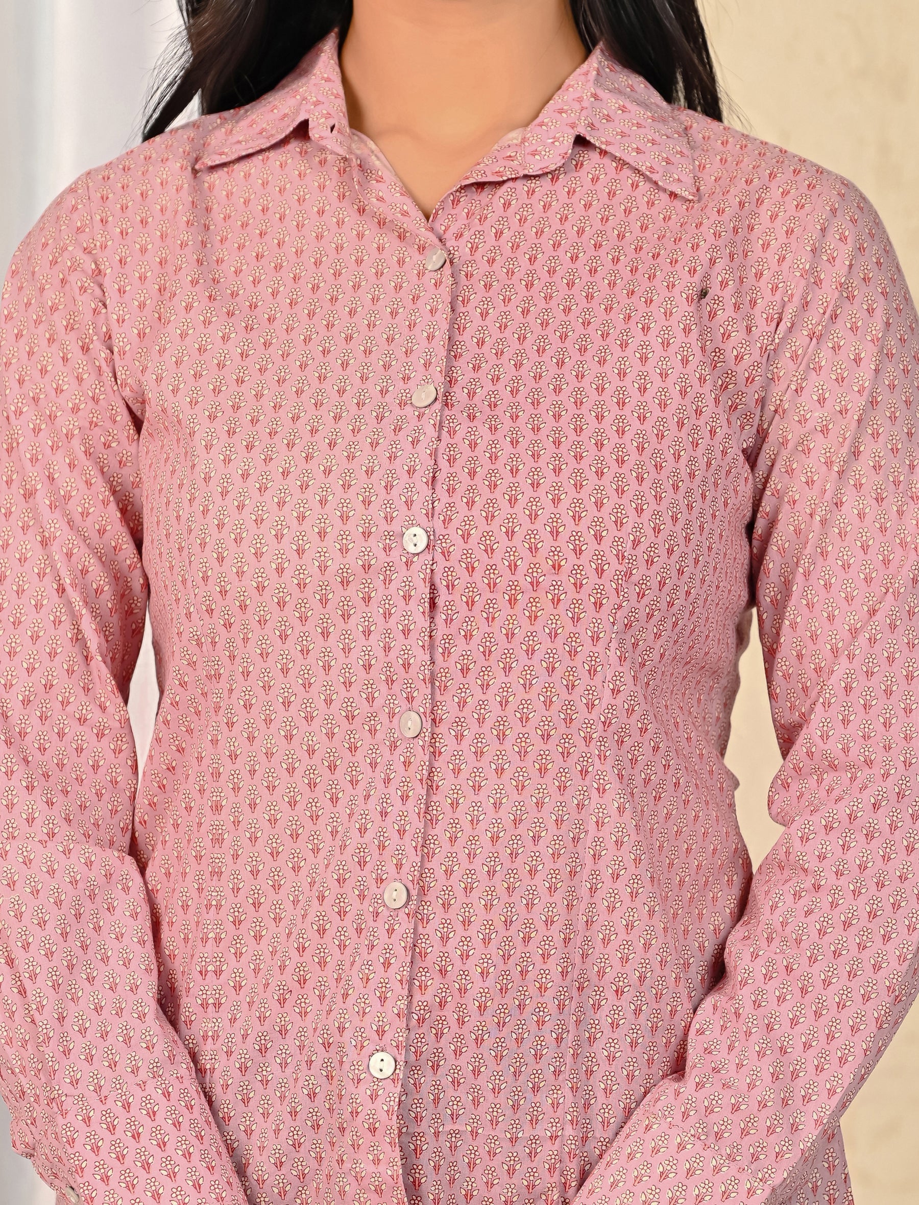 Peach Cotton Printed Full Sleeves Shirt For Women