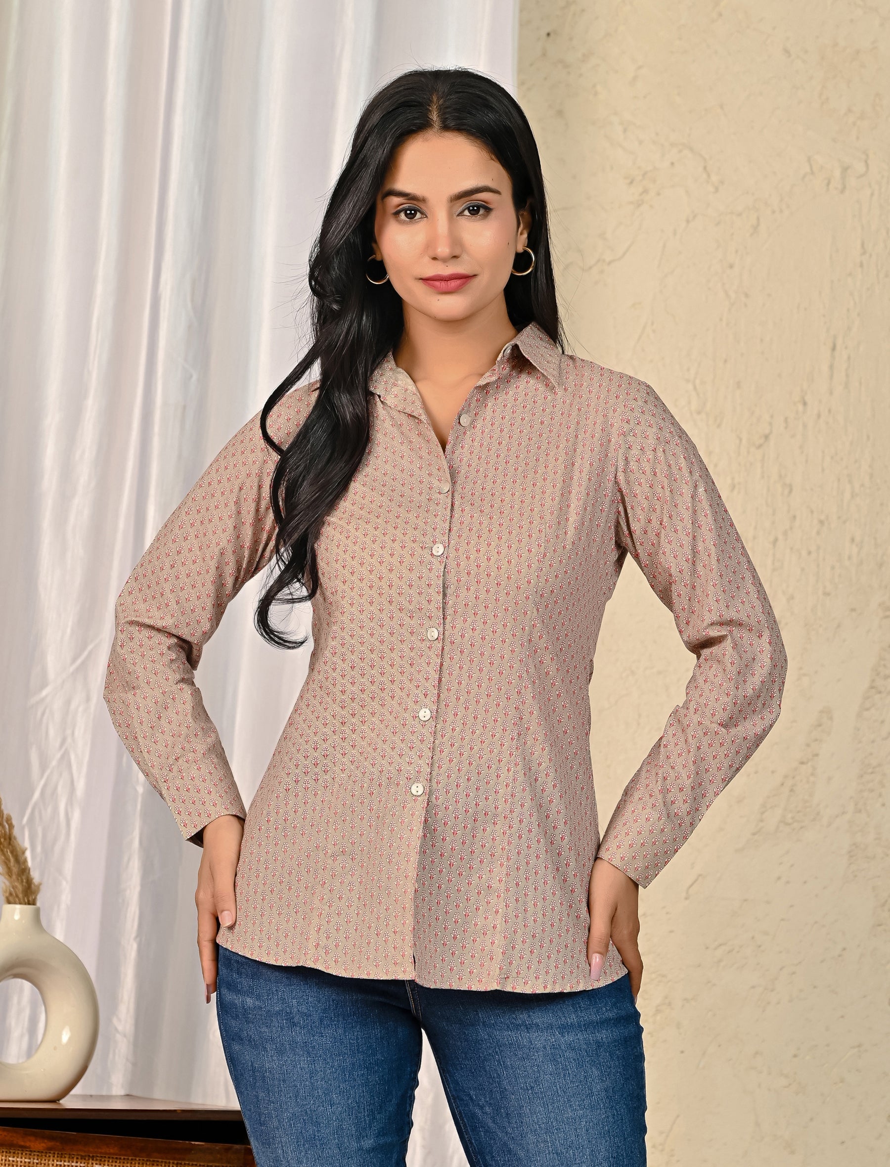 Grey Cotton Printed Full Sleeves Shirt For Women