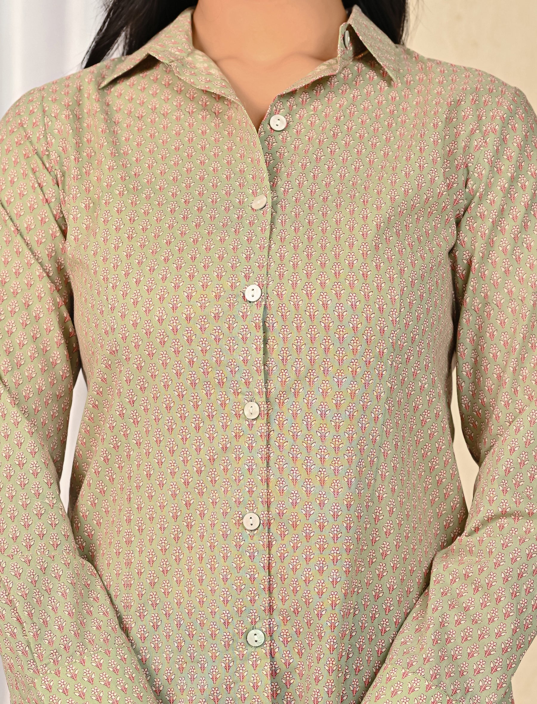 Green Cotton Printed Full Sleeves Shirt For Women