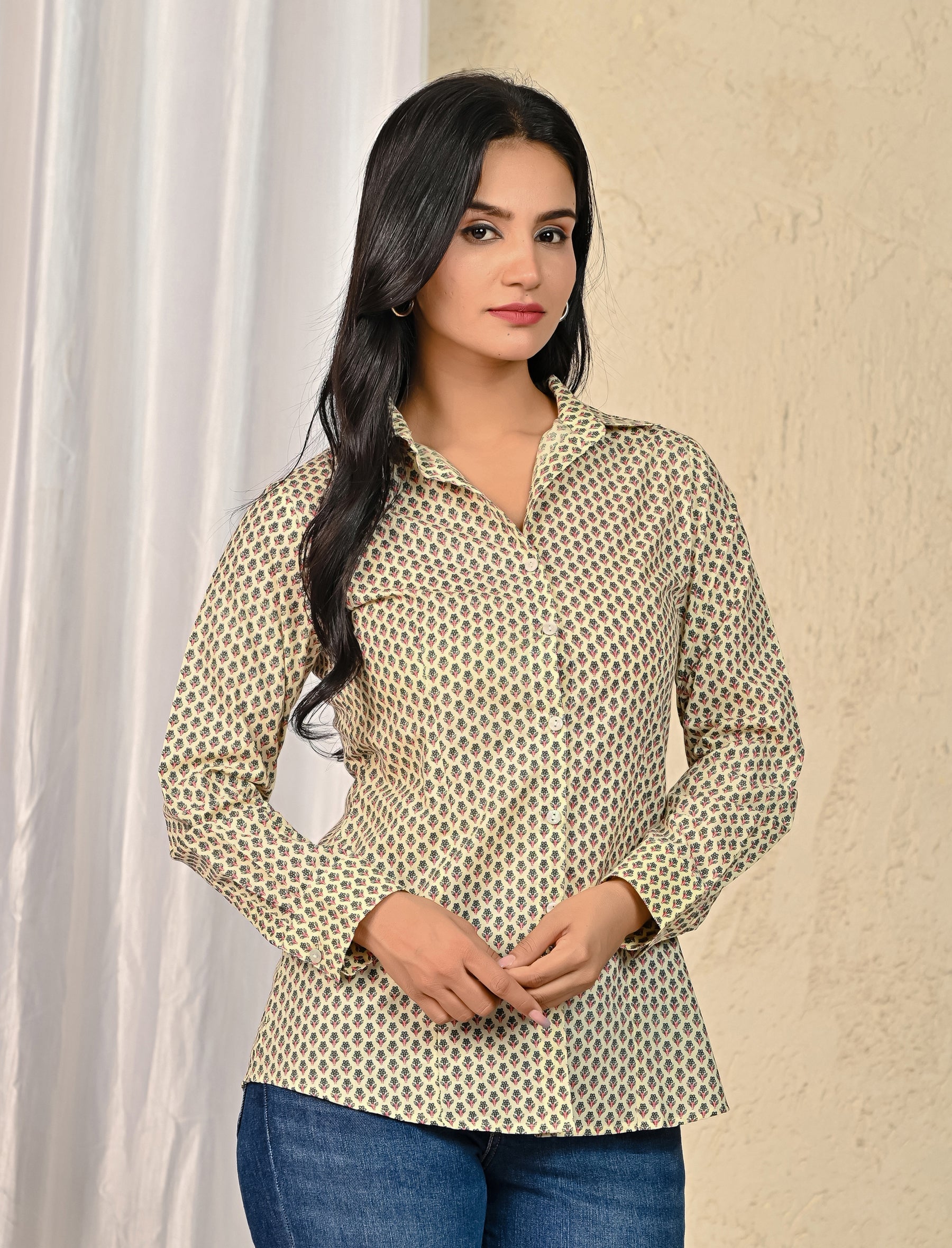 Cream Cotton Printed Full Sleeves Shirt For Women