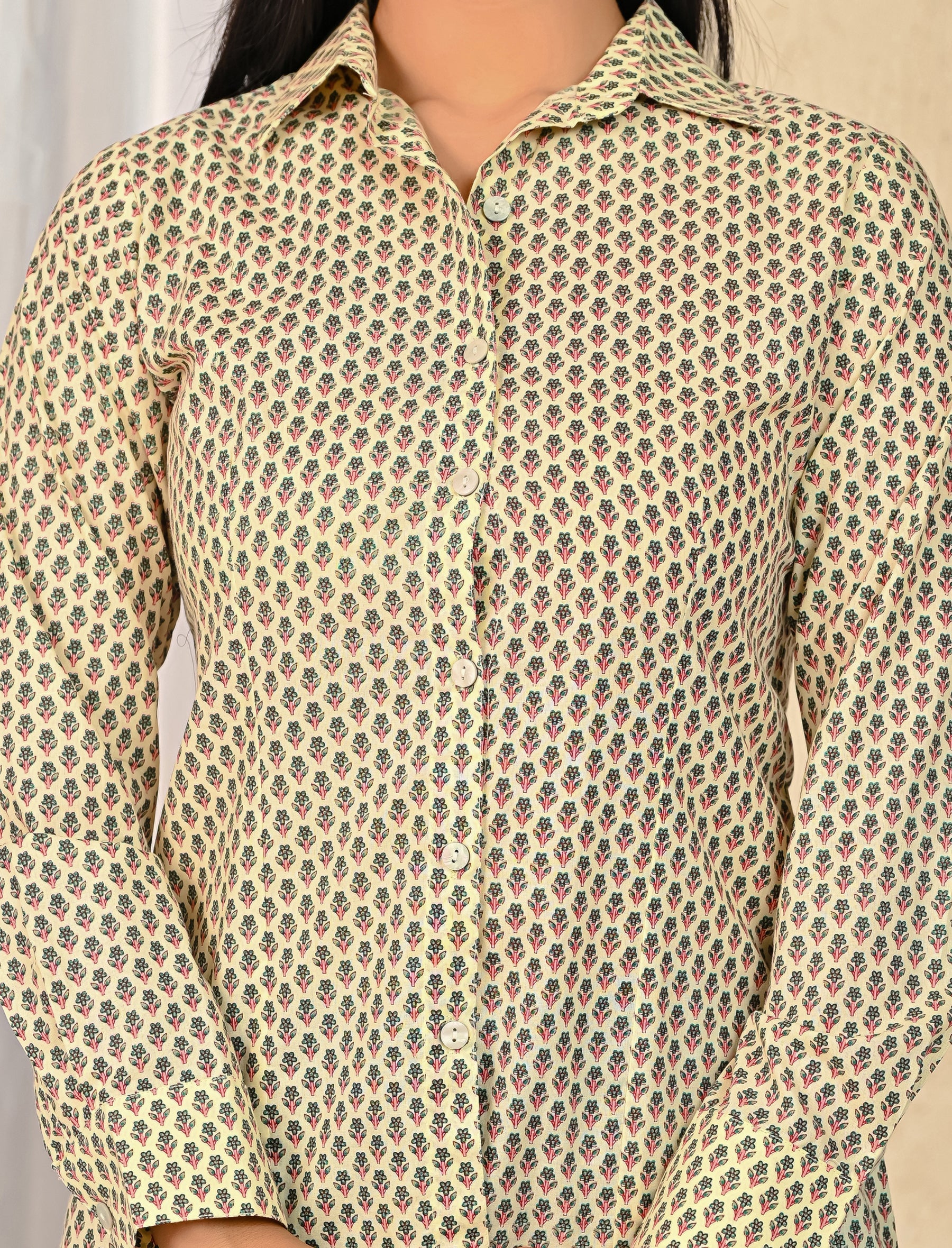 Cream Cotton Printed Full Sleeves Shirt For Women
