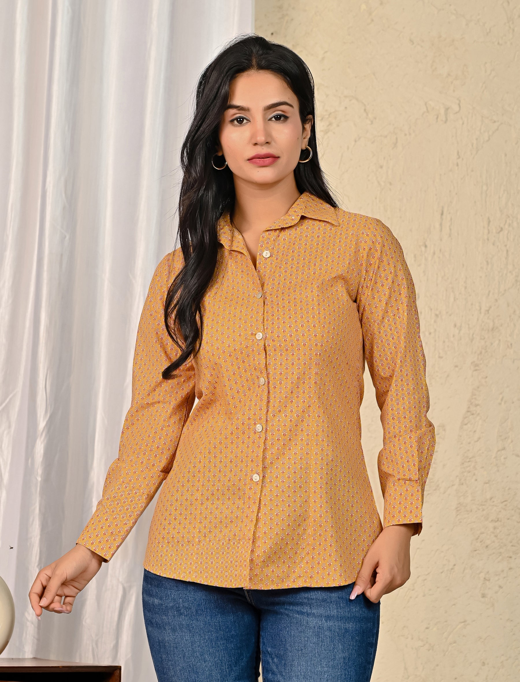 Yellow Cotton Printed Full Sleeves Shirt For Women