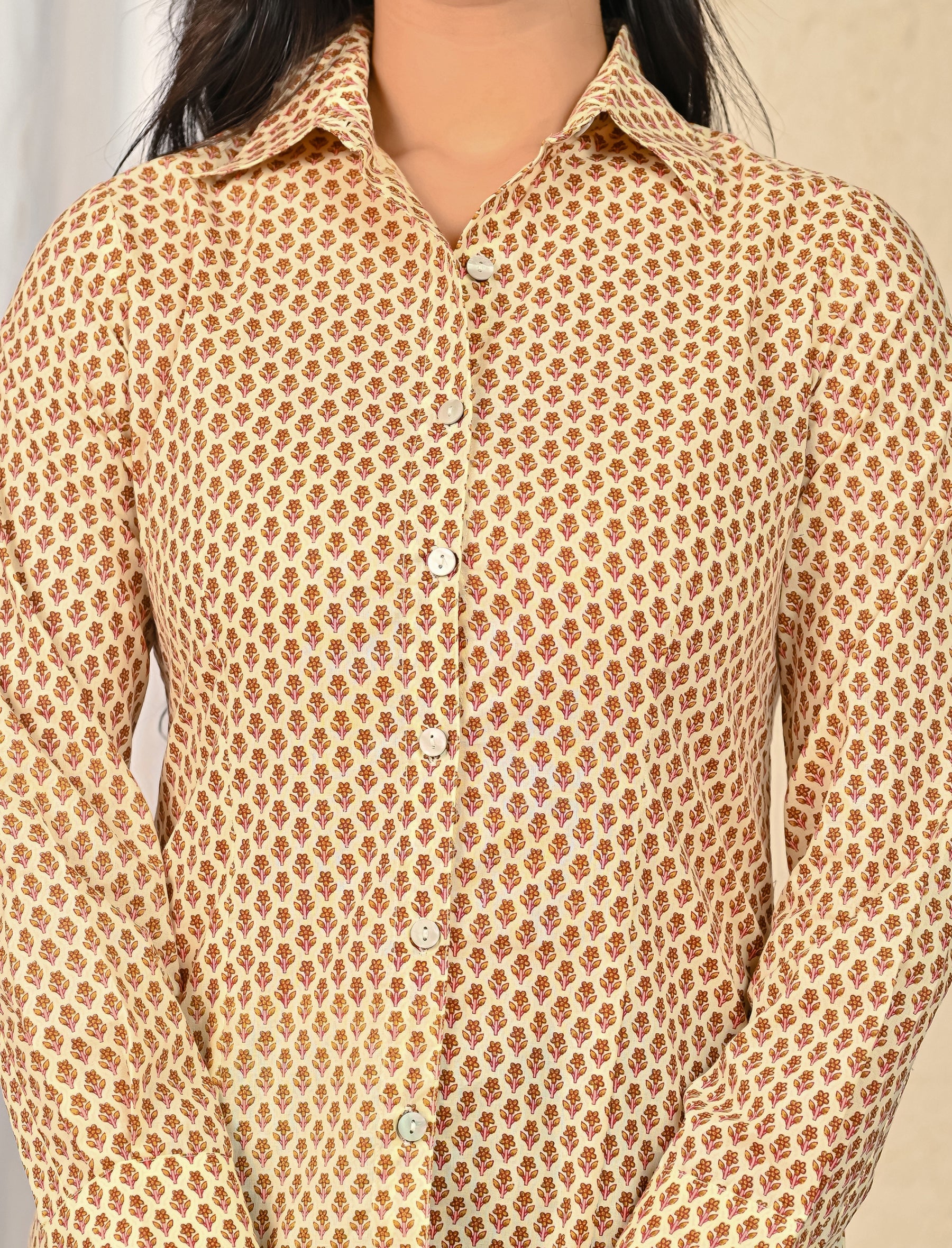 Cream Cotton Printed Full Sleeves Shirt For Women