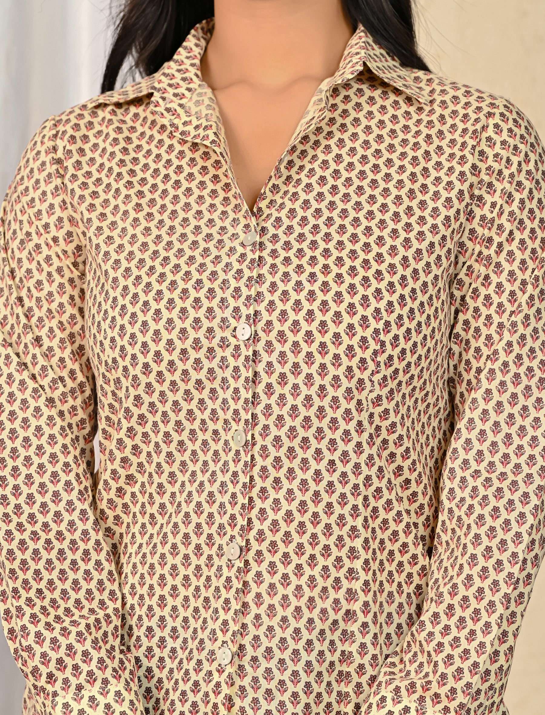 Off White Cotton Printed Full Sleeves Shirt For Women