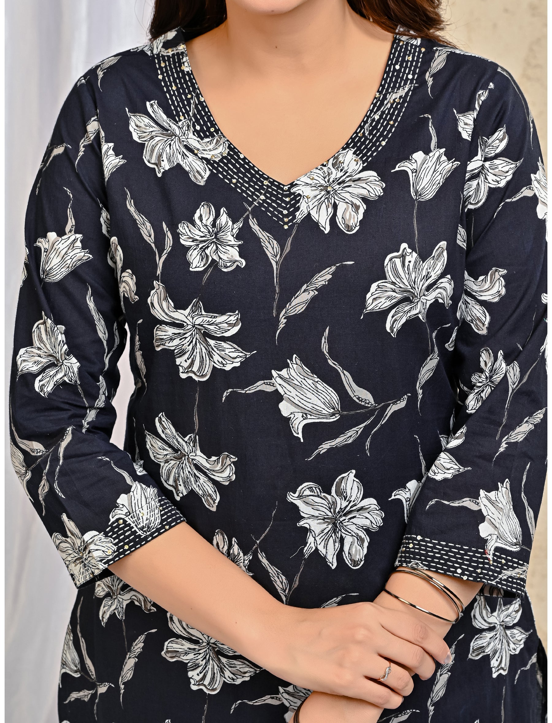 Black Block Printed Cotton Kurta Pant Set With Mulmul Dupatta